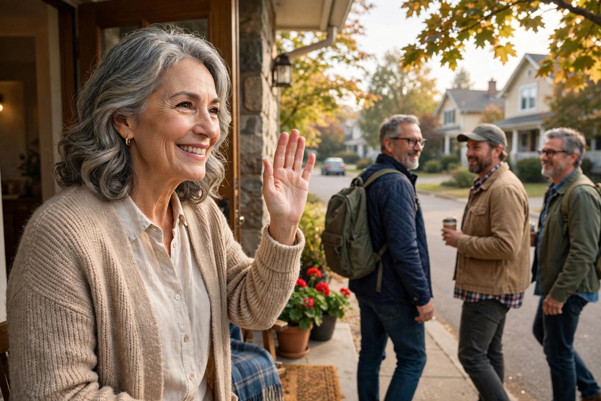 Wife in her 60s waving goodbye warmly as her husband heads out with friends, trusting smile