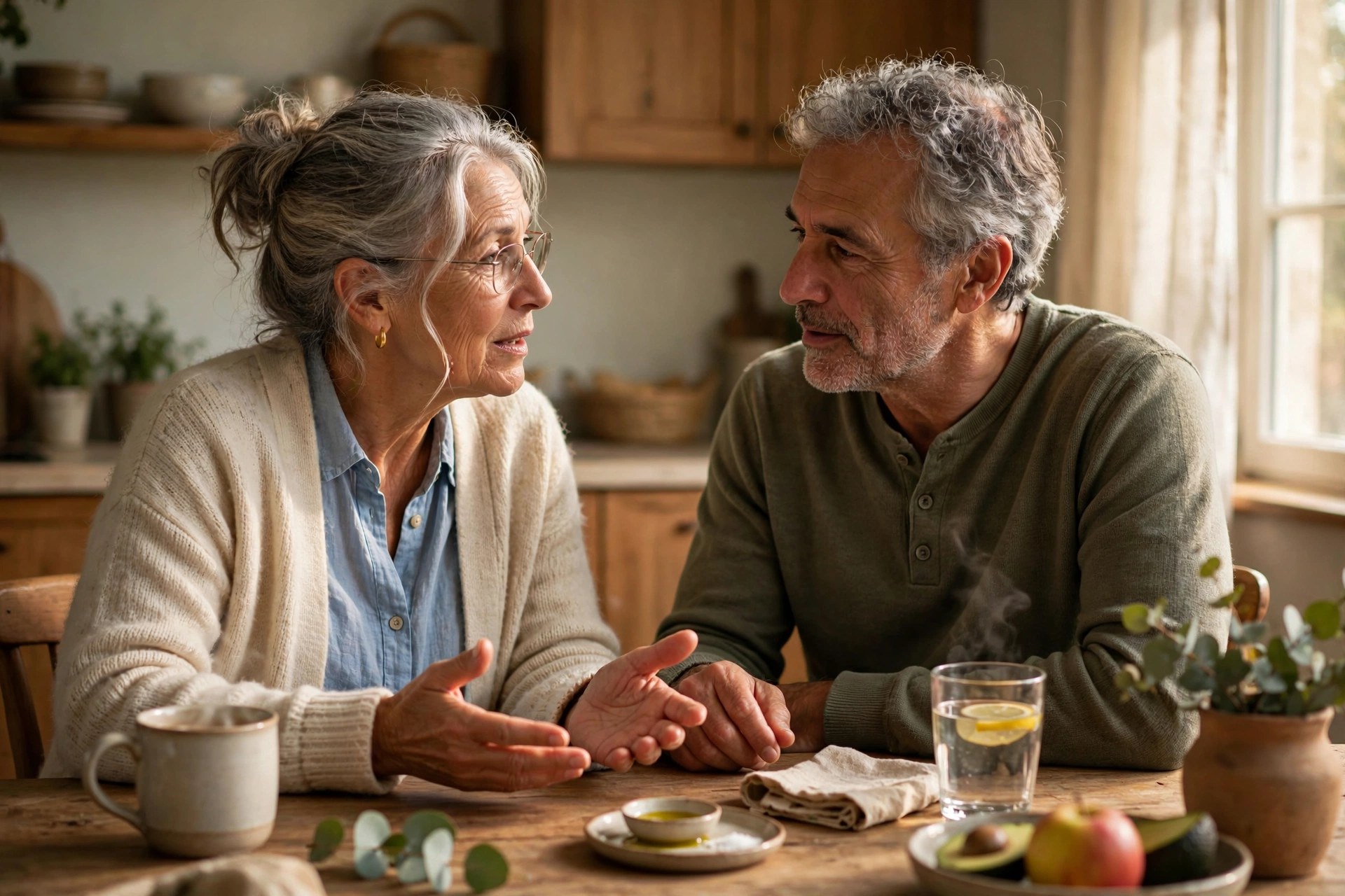 Older couple in their 60s talking openly at the kitchen table, resolving something, warm light