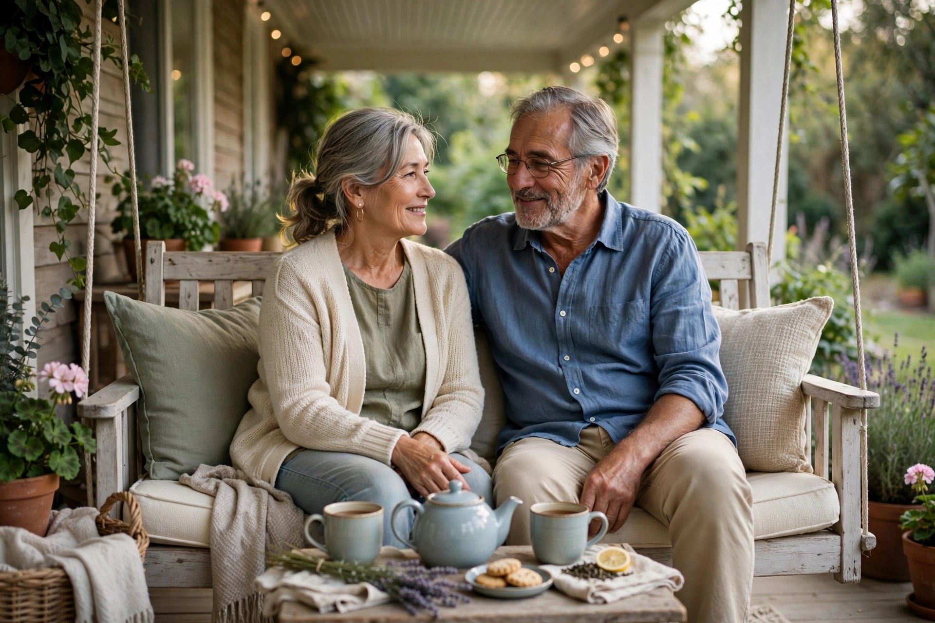 Older couple in their 60s relaxing together on a porch swing with tea, unhurried afternoon