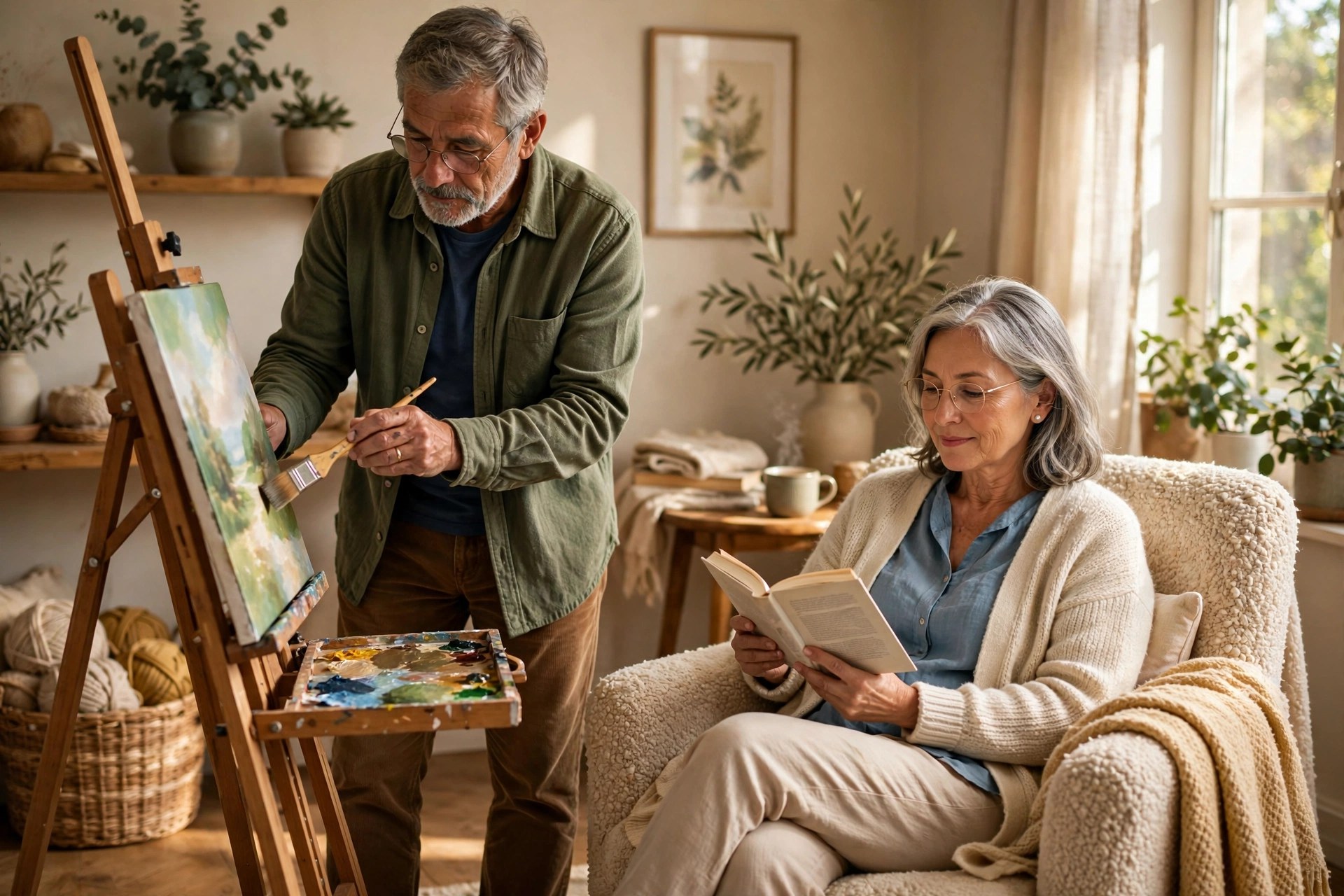 Older couple in their 60s, husband painting while wife reads nearby, peaceful acceptance