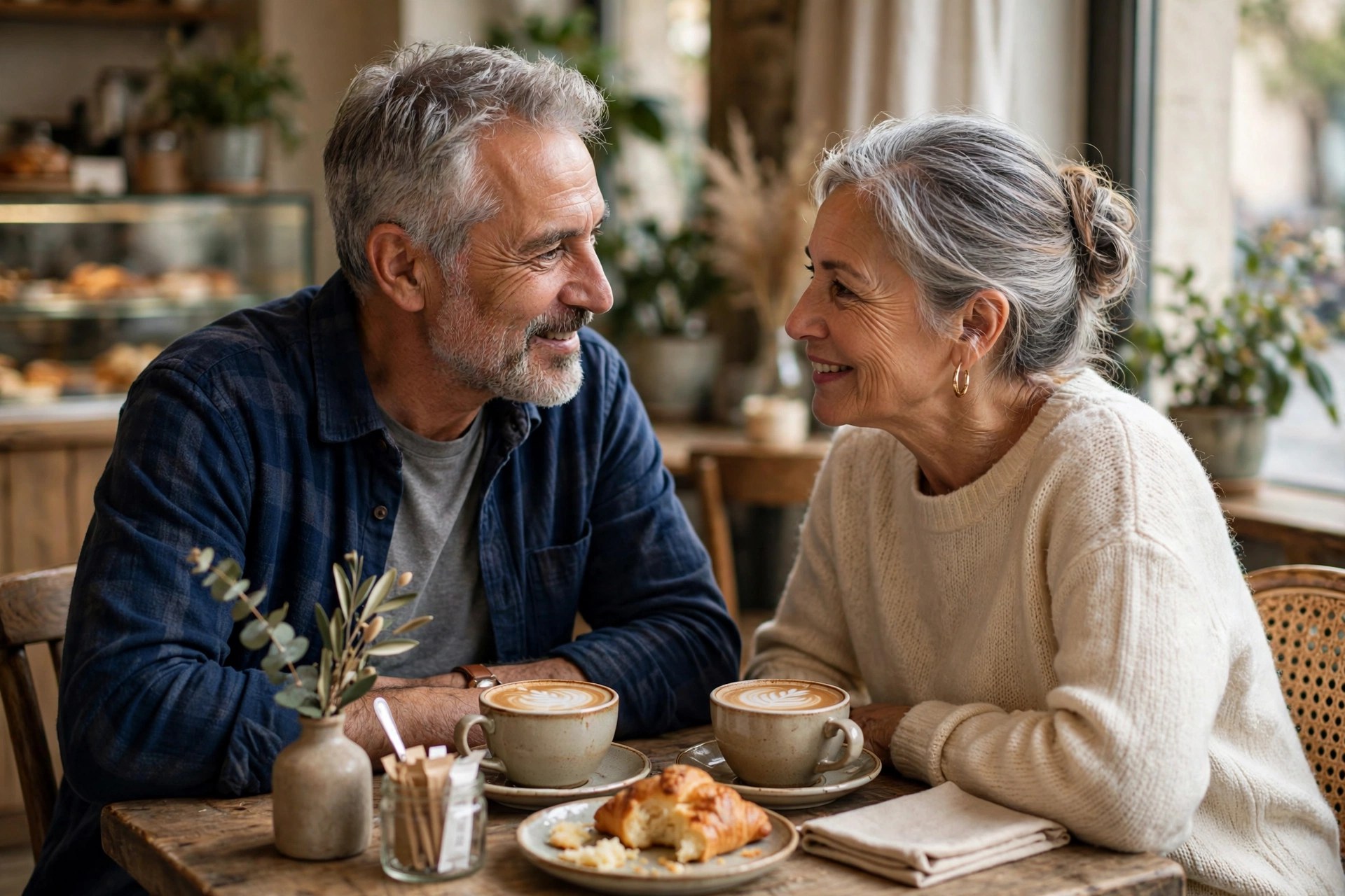 Older couple in their 60s reconnecting over coffee, leaning in, engaged conversation