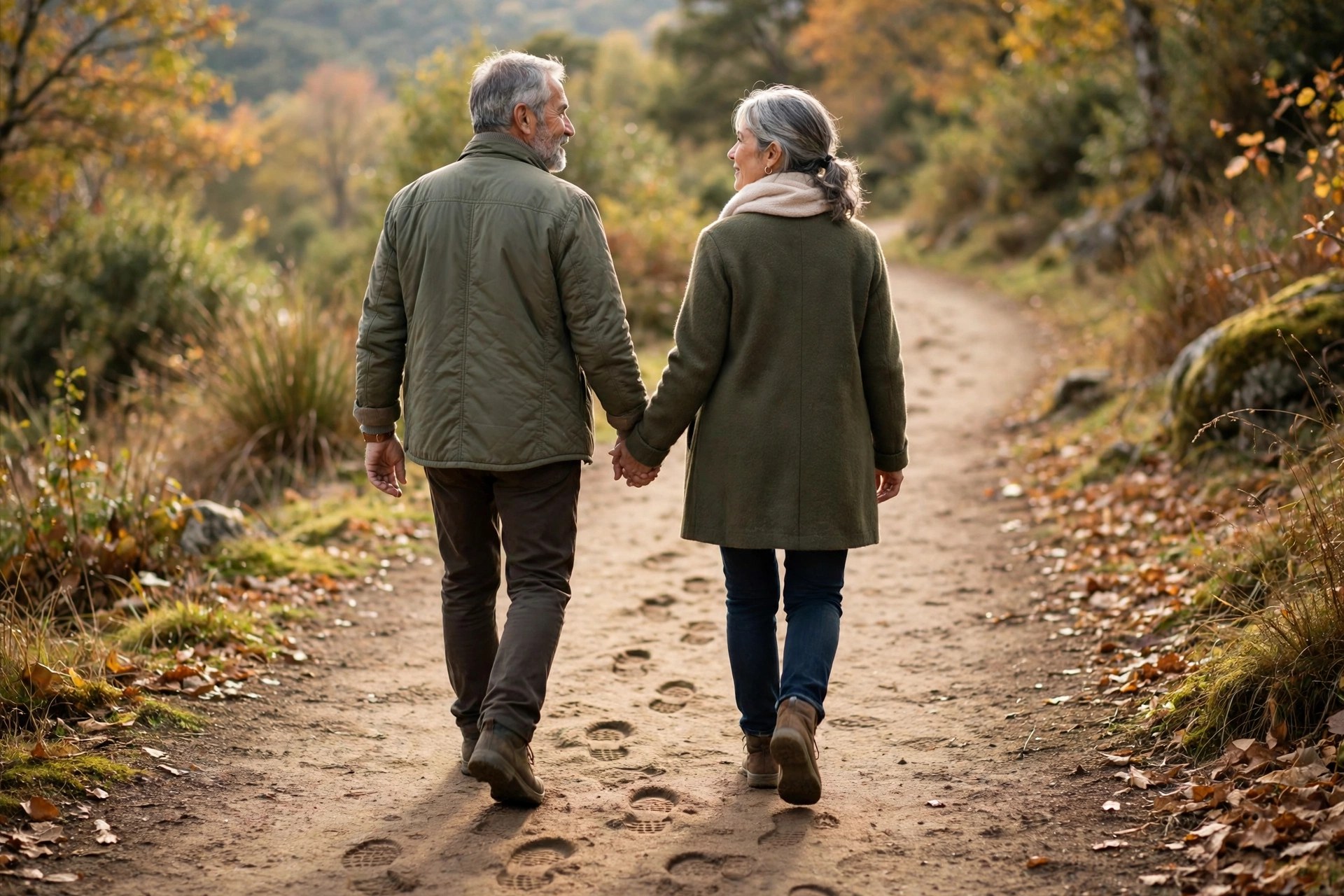 Older couple in their 60s walking forward together on a path, leaving footprints behind