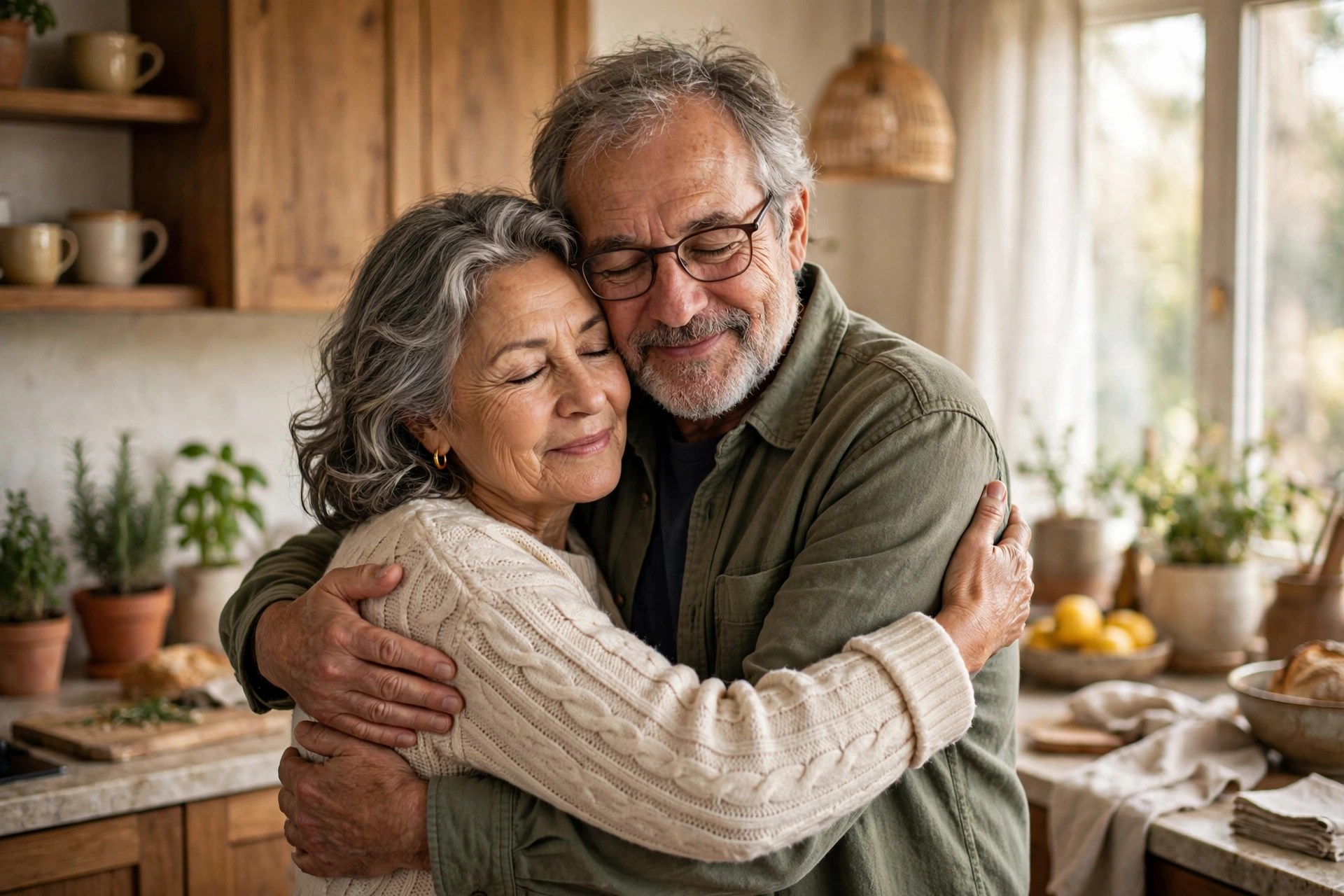 Older couple in their 60s embracing tenderly in the kitchen