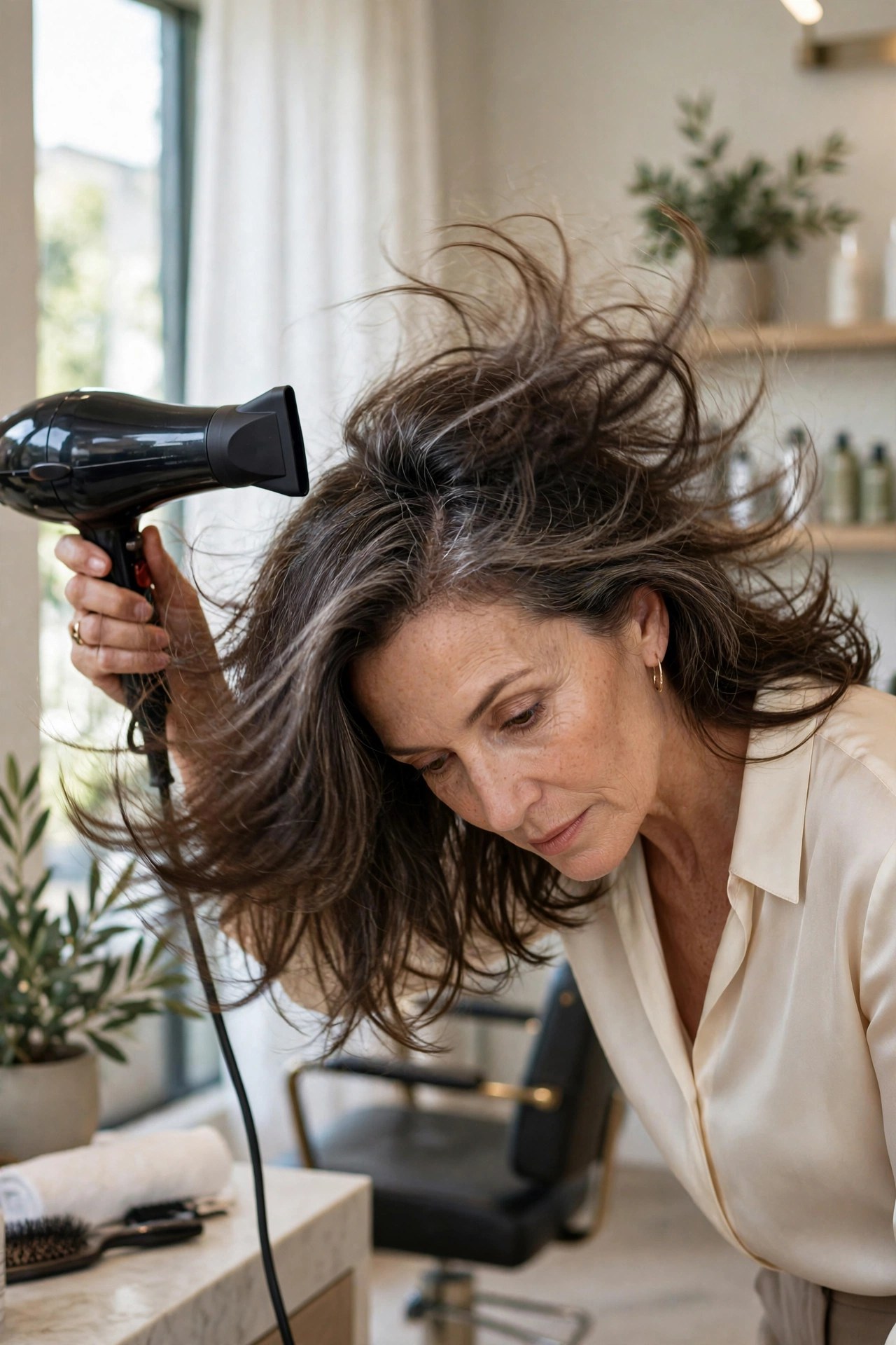 Woman in her 50s flipping hair forward to blow-dry roots for volume