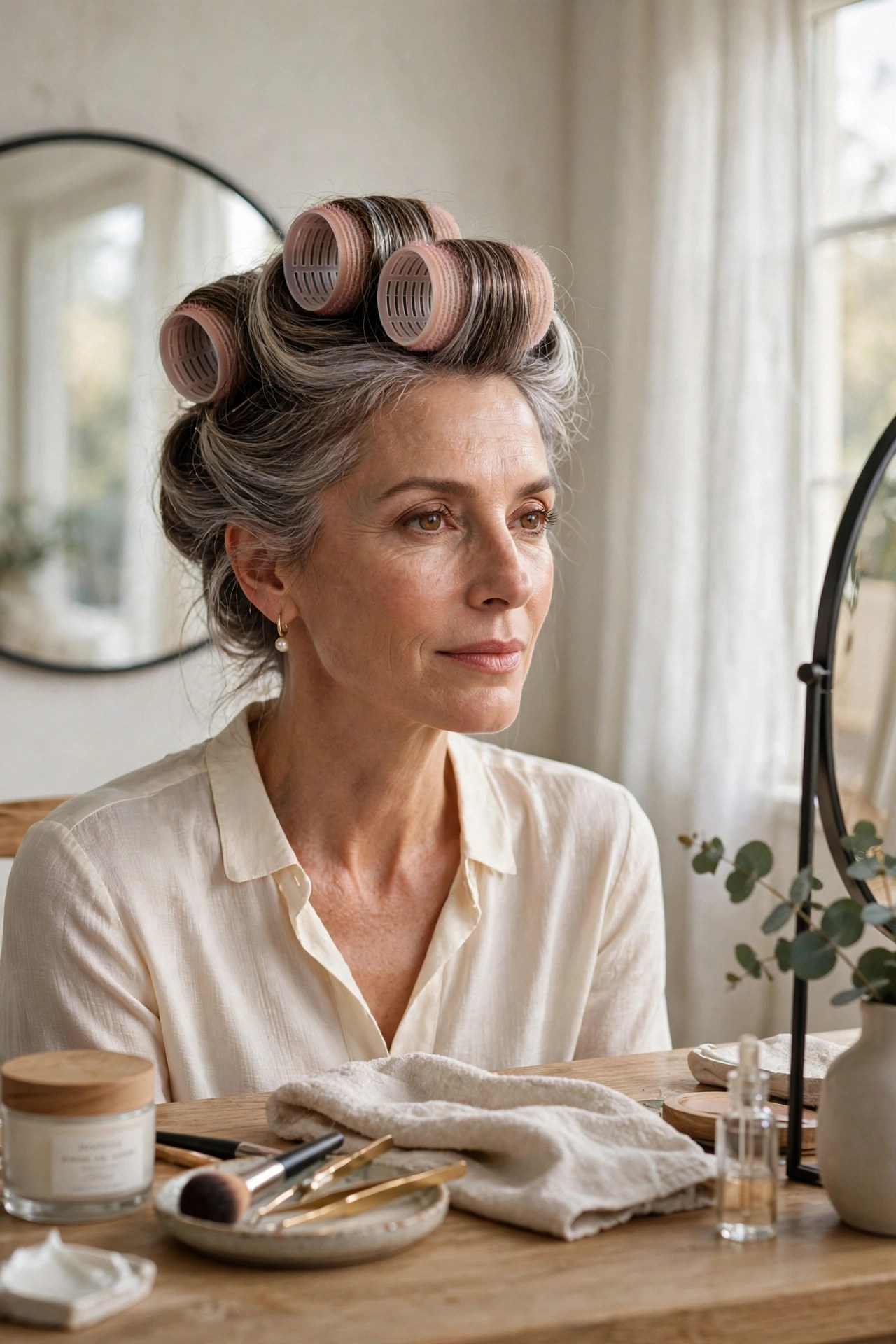 Woman in her 50s with jumbo velcro rollers set in her crown at a vanity