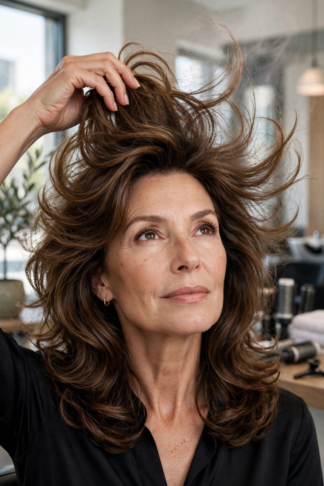 Woman lifting hair at the crown while cool air locks in volume