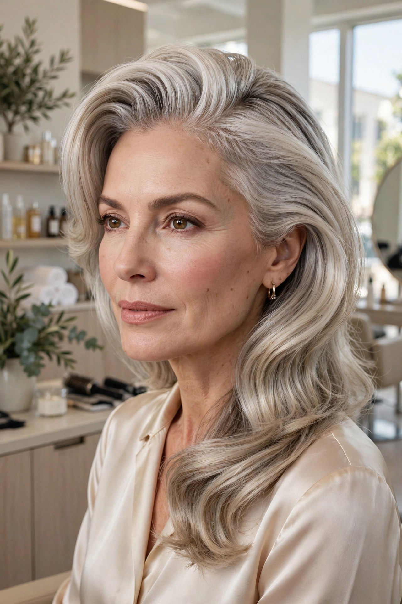 Voluminous silver-blonde hair styled in a deep side part for fullness