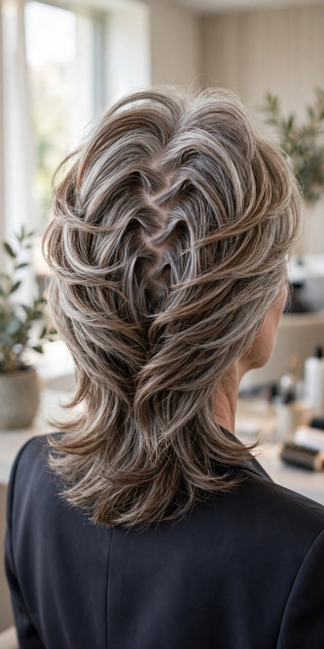 Back view of a zigzag hair part camouflaging a thinning crown