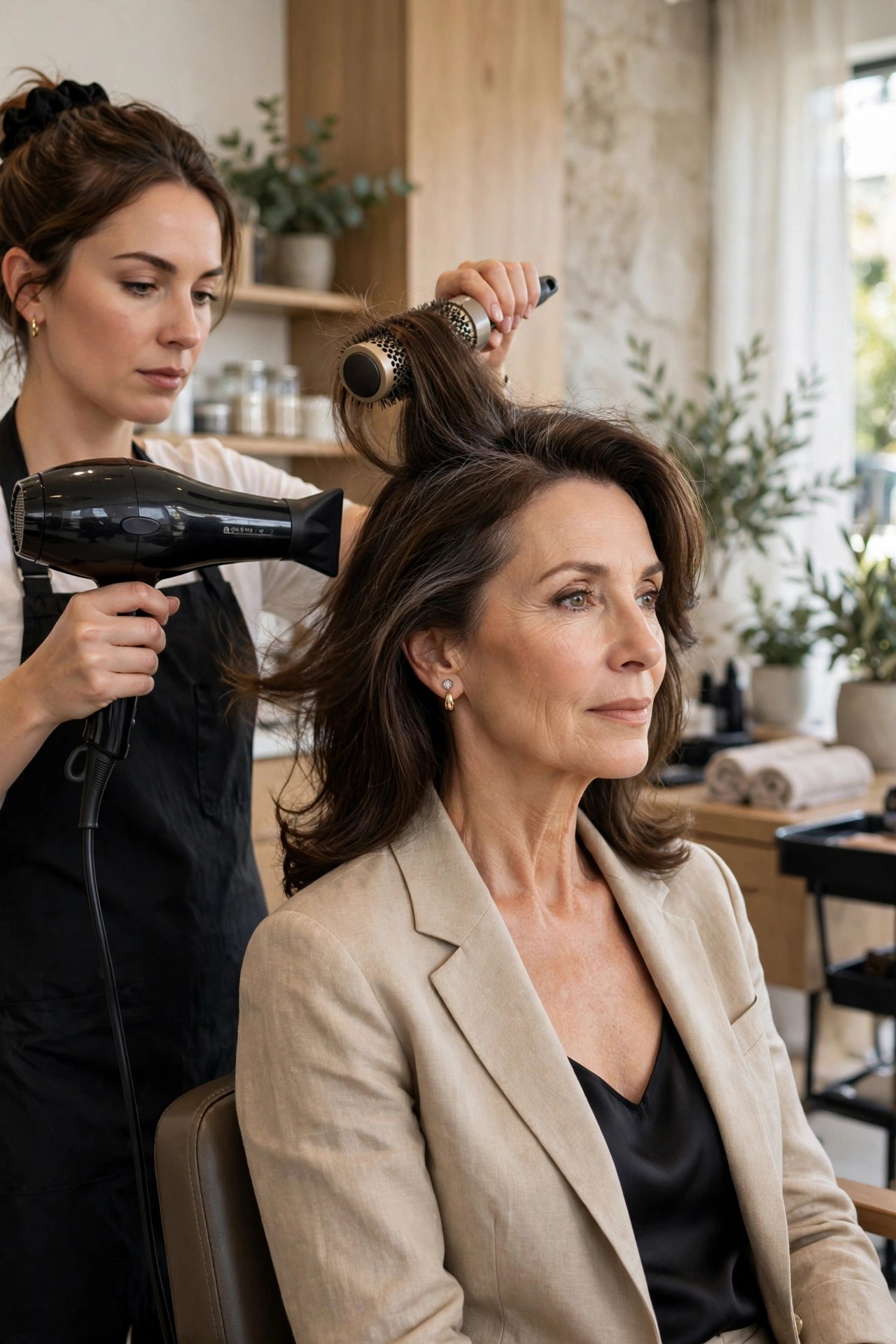 Stylist creating a bouncy round-brush blowout with lifted roots