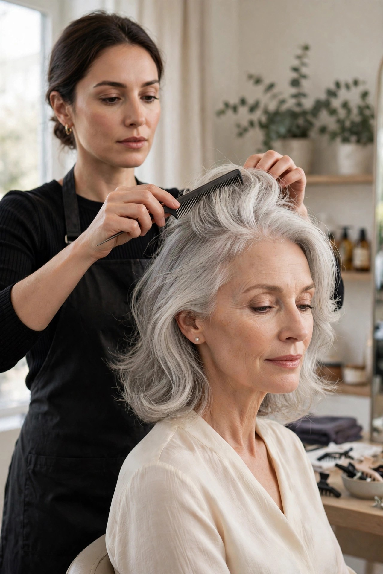 Stylist gently back-combing the crown for soft volume