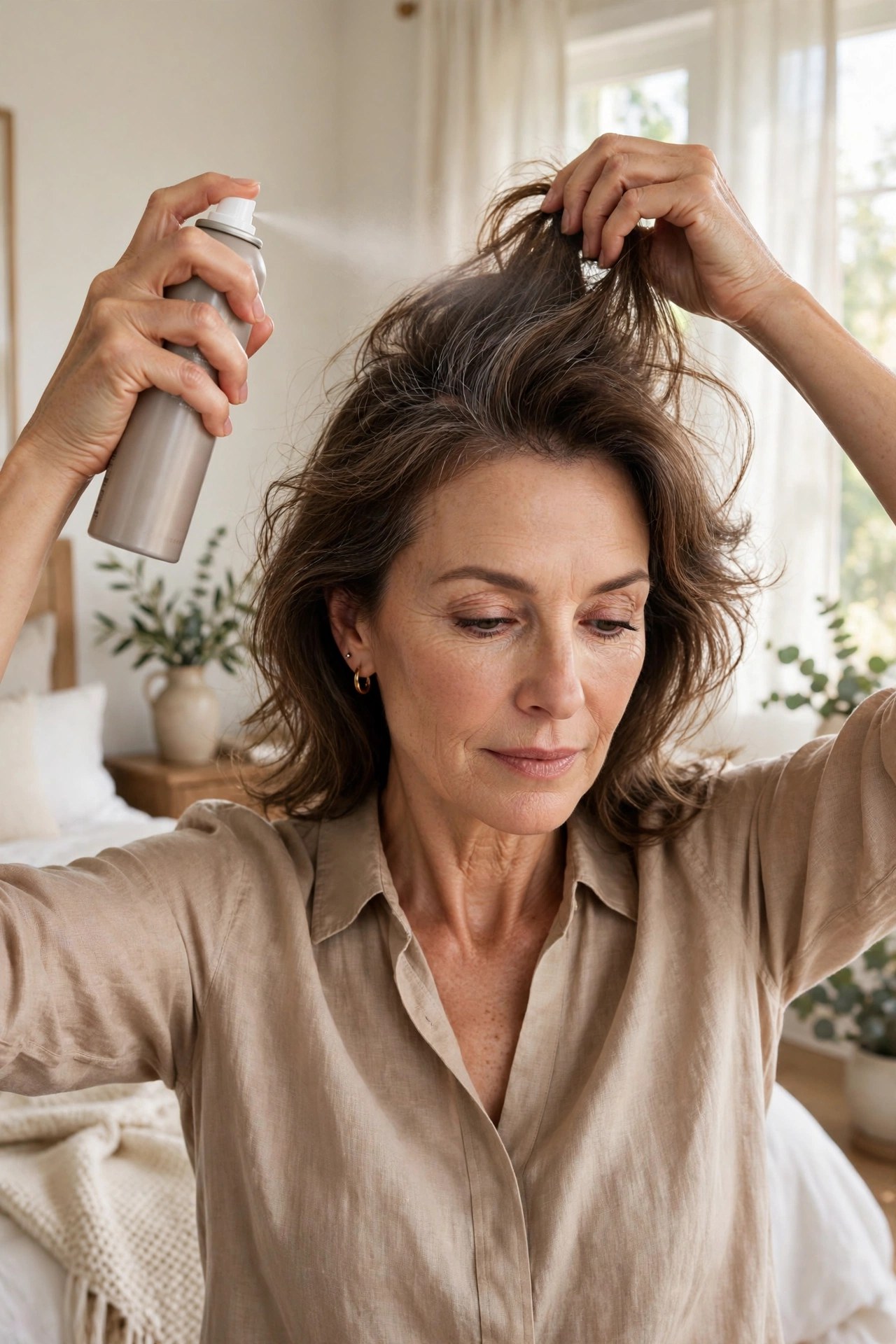 Woman refreshing second-day hair with dry shampoo at the roots