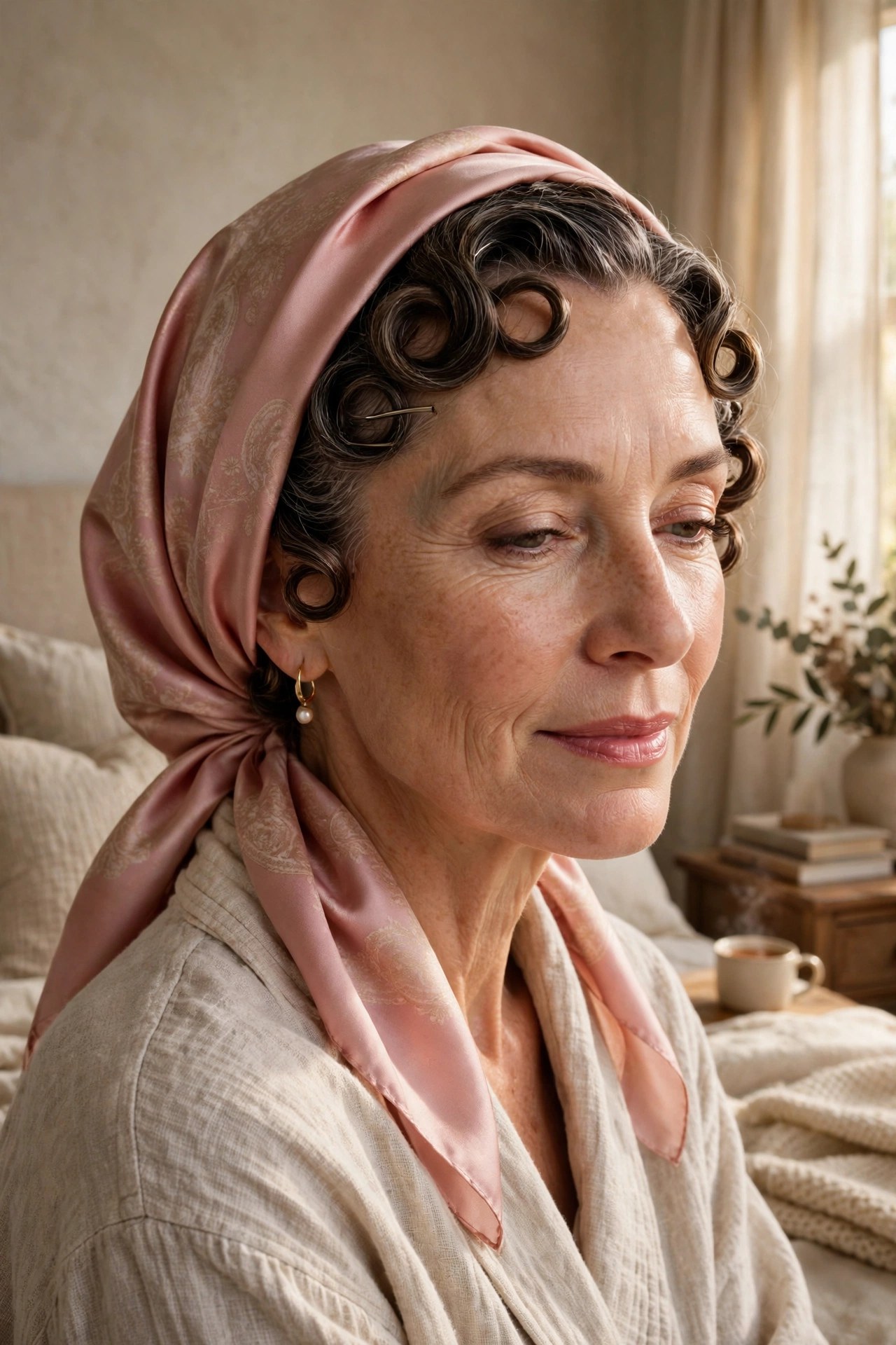 Woman in her 50s with overnight pin curls under a silk scarf