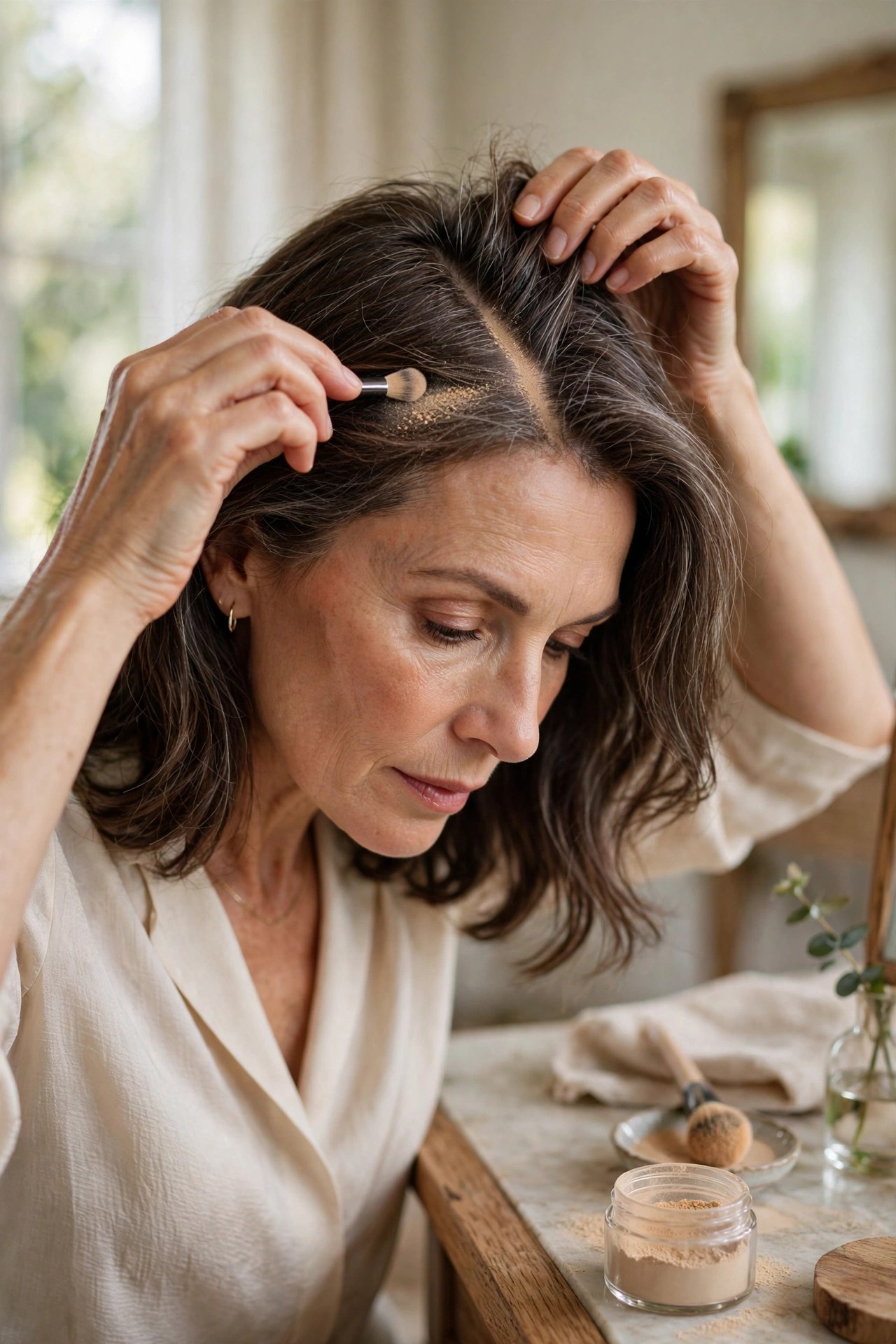 Woman dusting volumizing root powder along her hair part