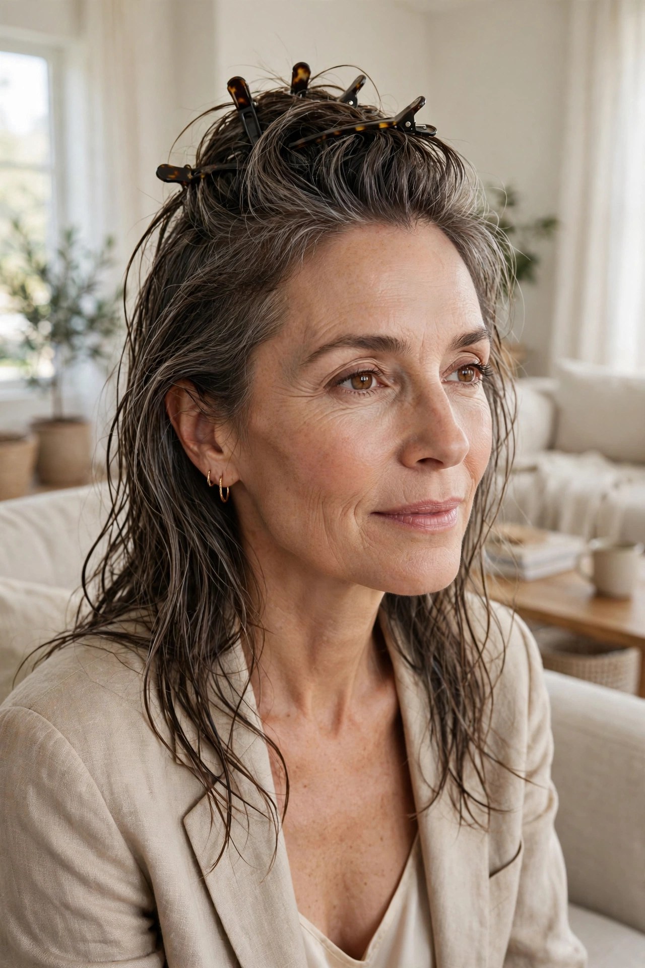 Woman with duckbill clips lifting the crown while hair air-dries