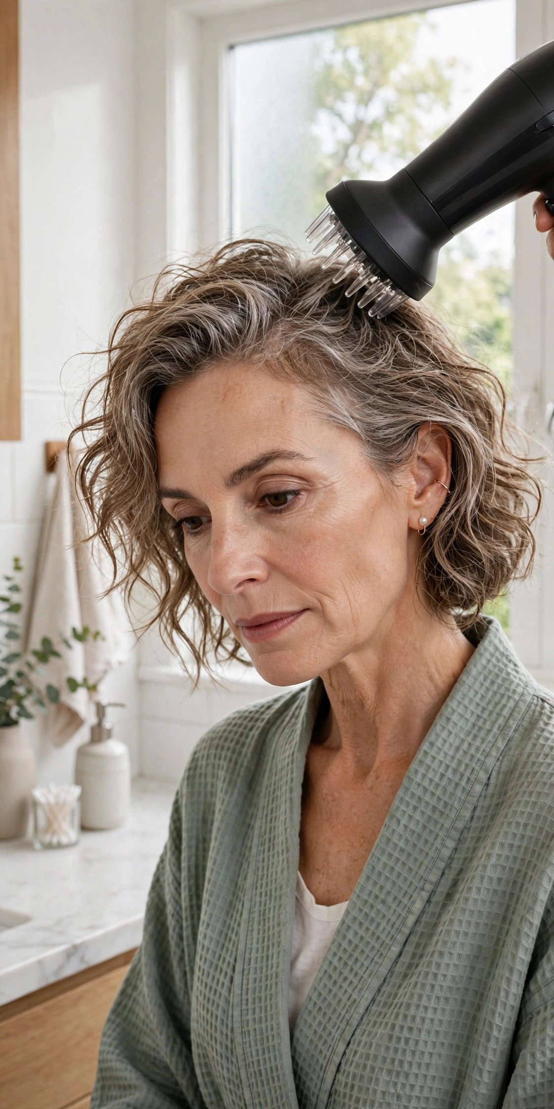 Woman drying fine wavy hair with a diffuser for natural volume