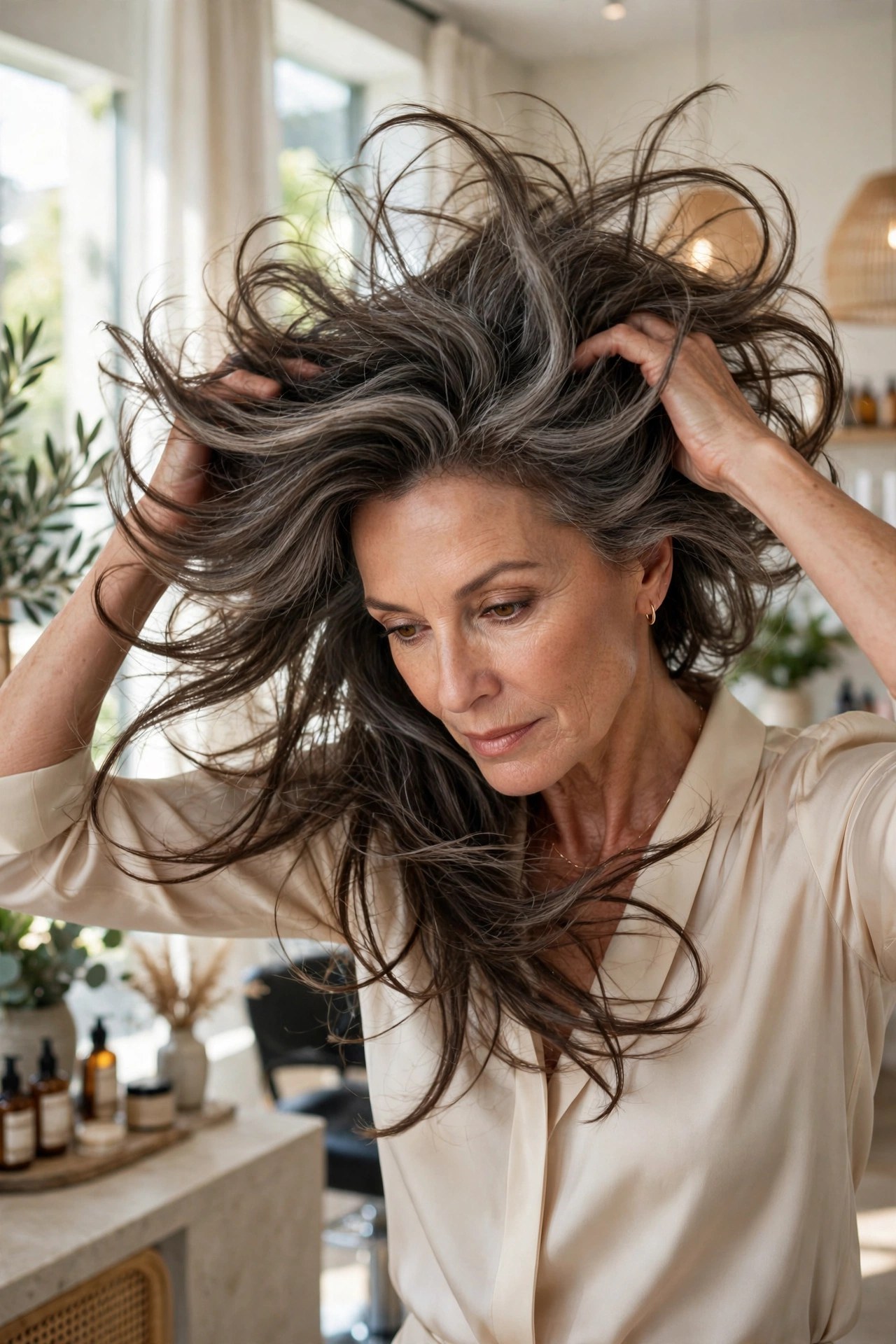 Woman flipped forward shaking hair for a cool-air volume finish