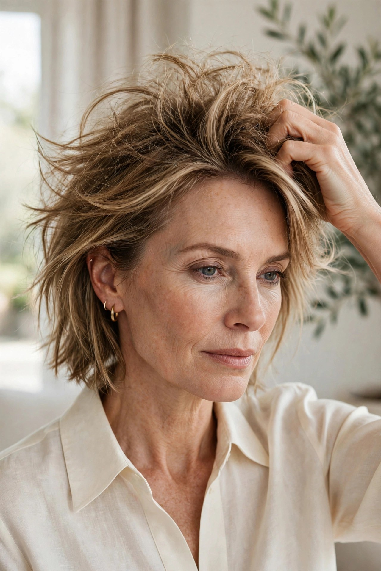 Woman scrunching piecey texture into fine hair with her fingers