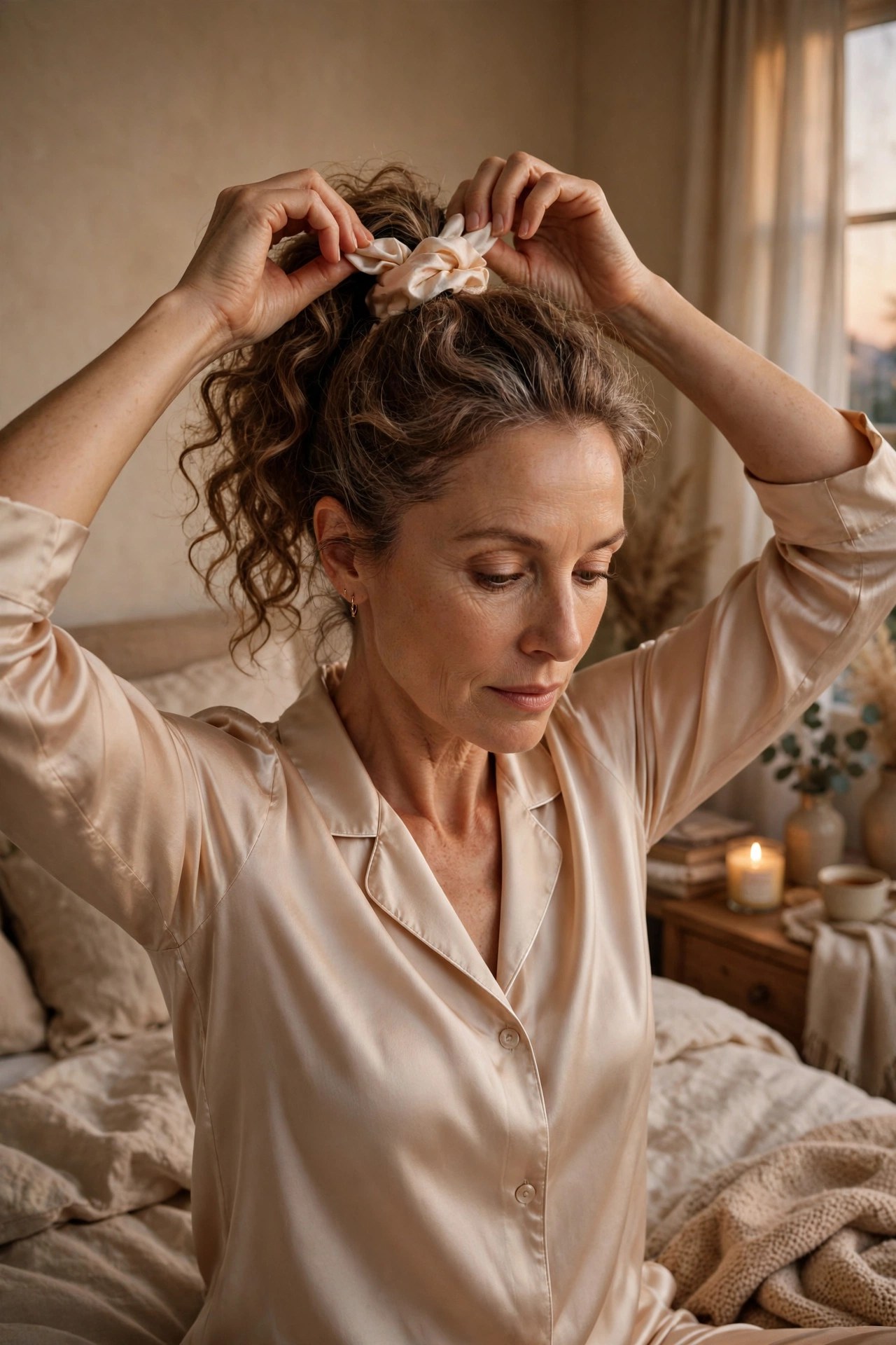 Woman tying hair into a loose pineapple ponytail before bed