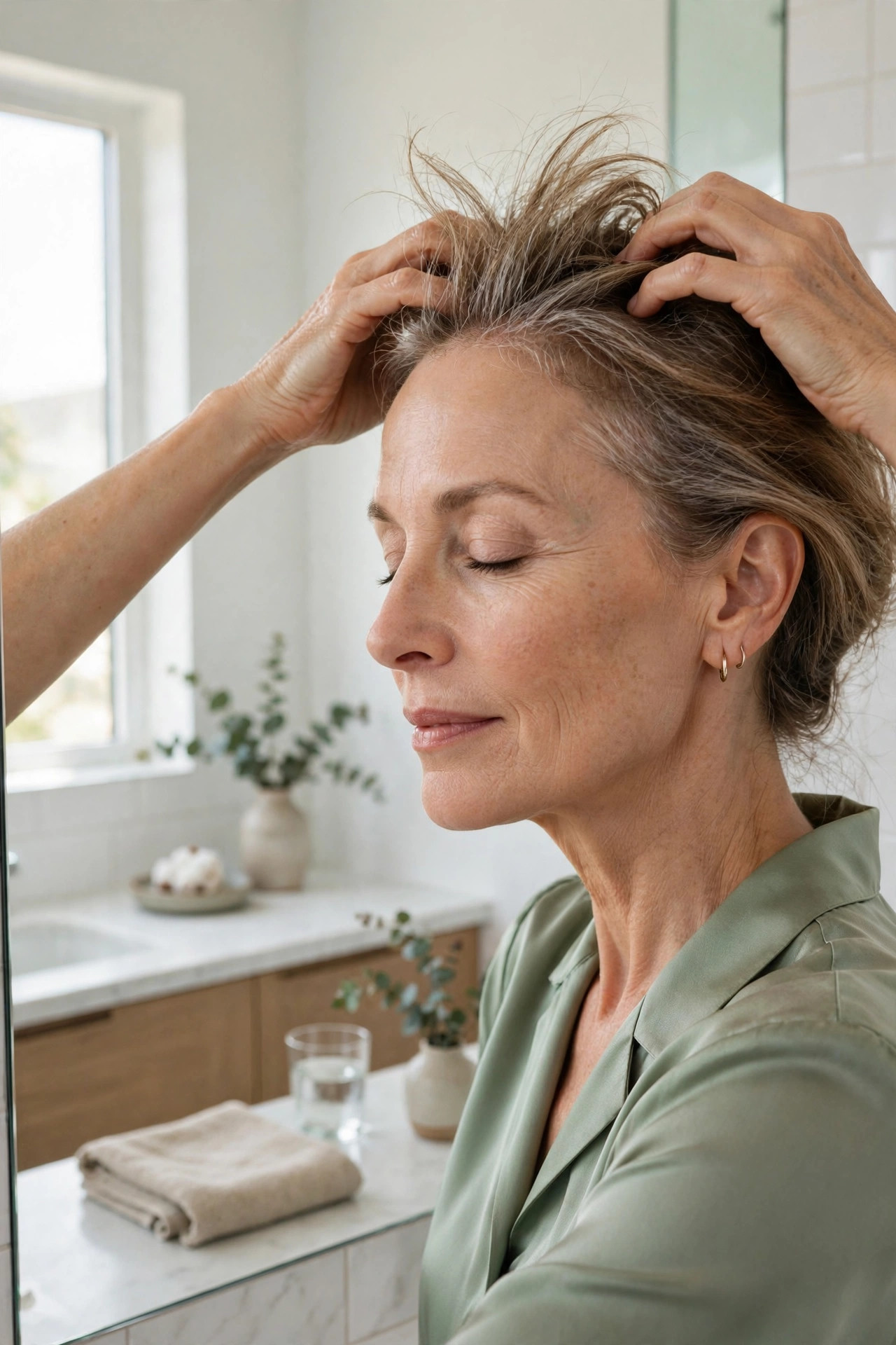 Woman in her 50s massaging her scalp with fingertips to lift fine hair at the roots