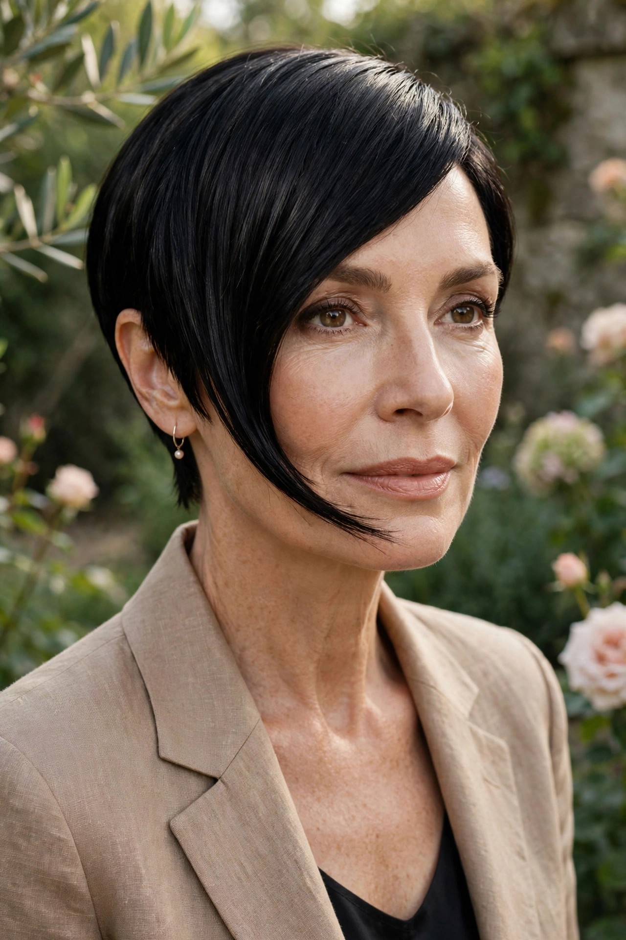 Woman in her 50s with a jet-black asymmetric pixie and long diagonal fringe