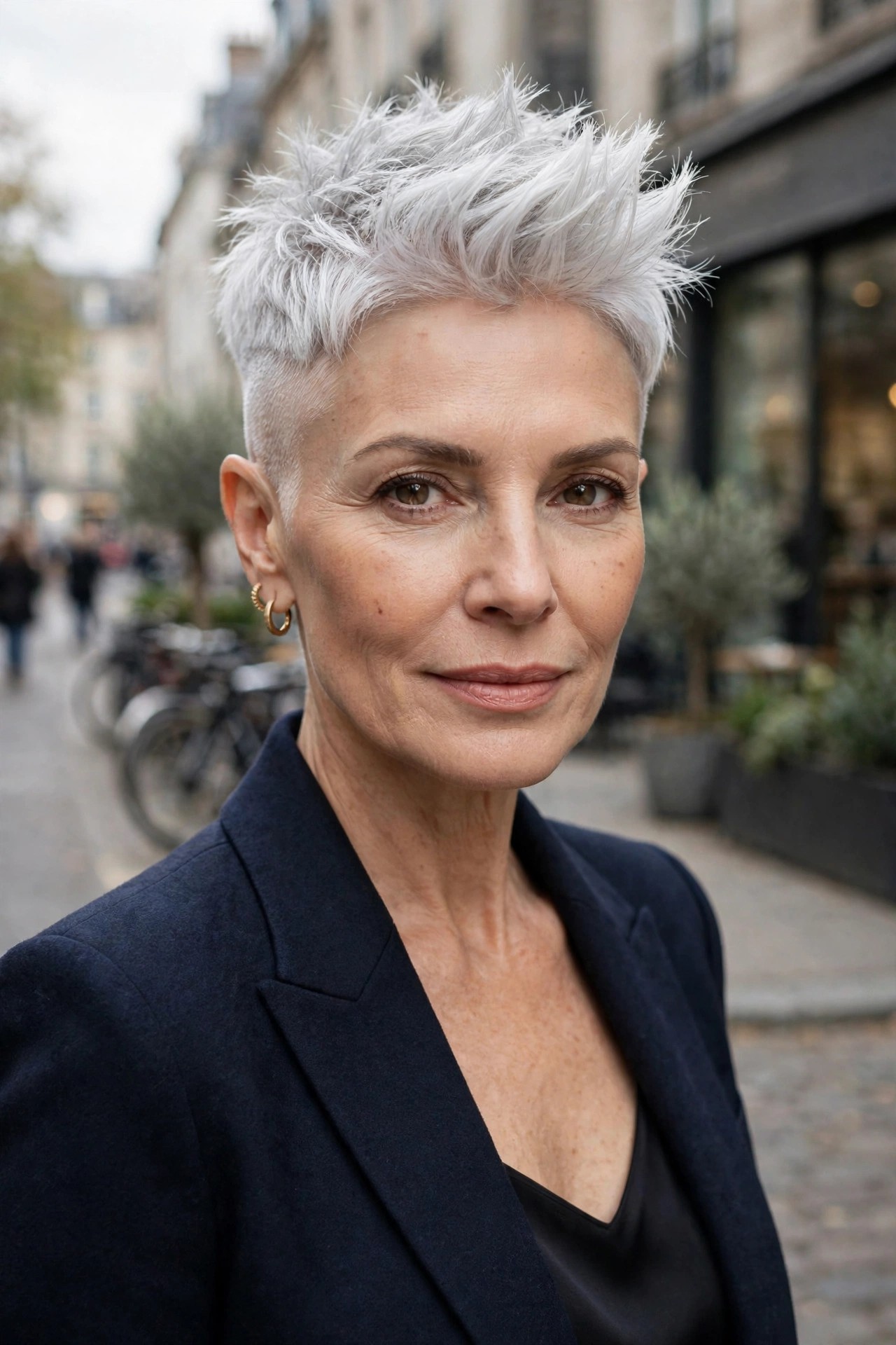 Woman in her 50s with a silver fauxhawk pixie and faded sides