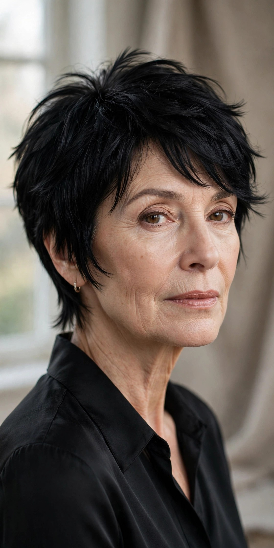 Woman in her 60s with a jet-black feathered pixie crop
