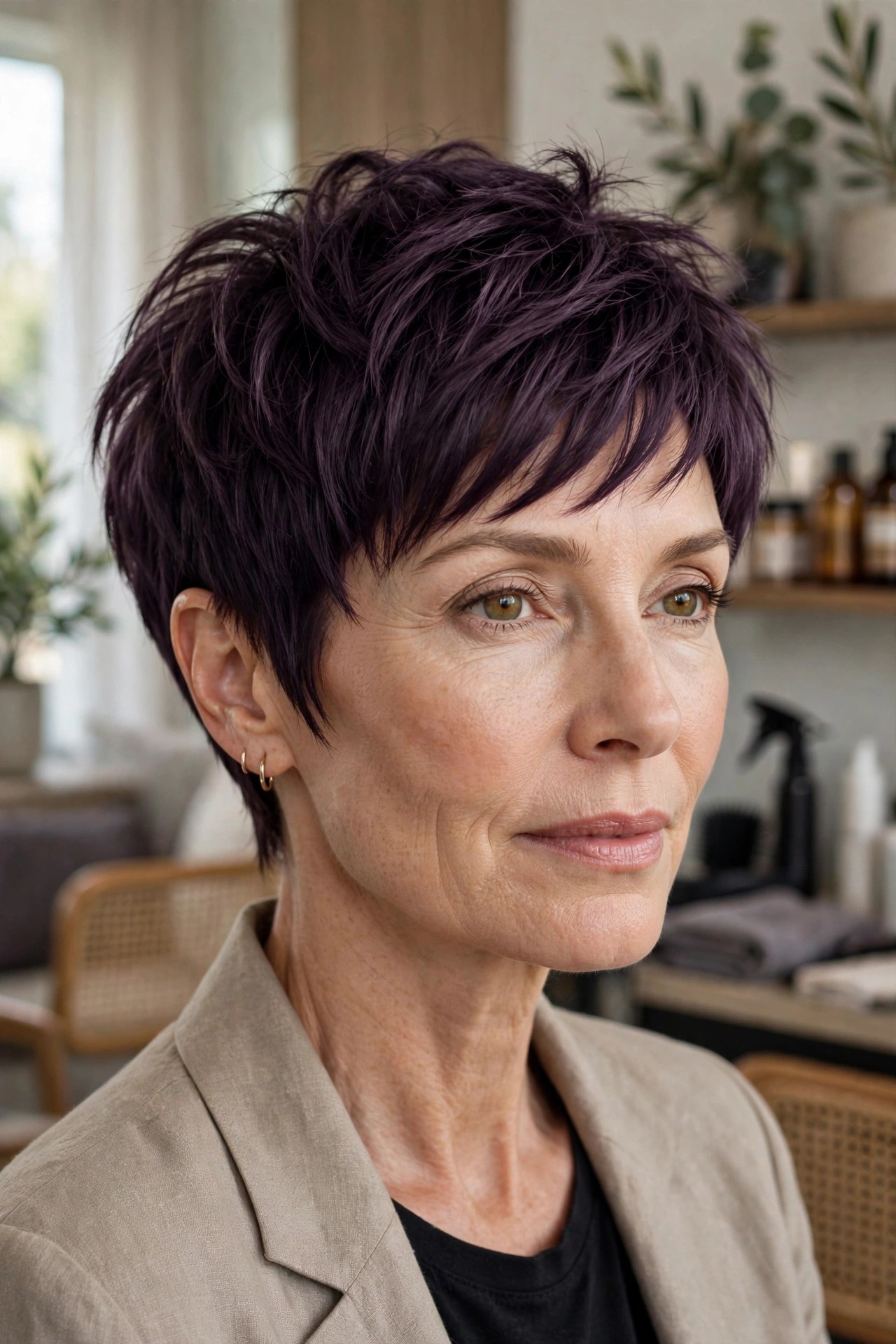 Woman in her 50s with a smoked-plum choppy pixie