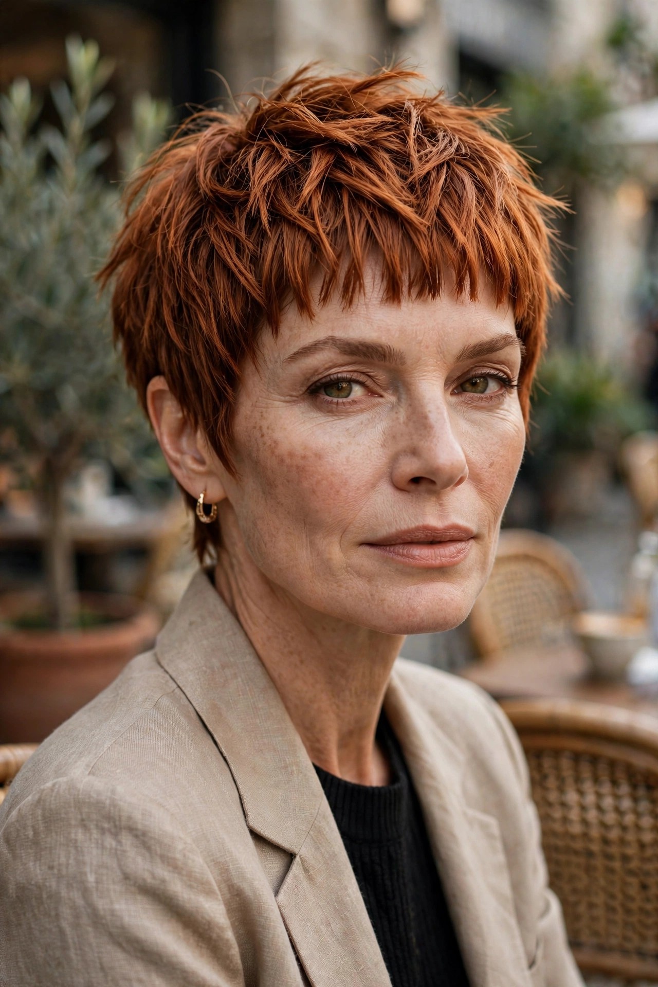 Woman in her 50s with a copper razor-cut pixie and micro fringe