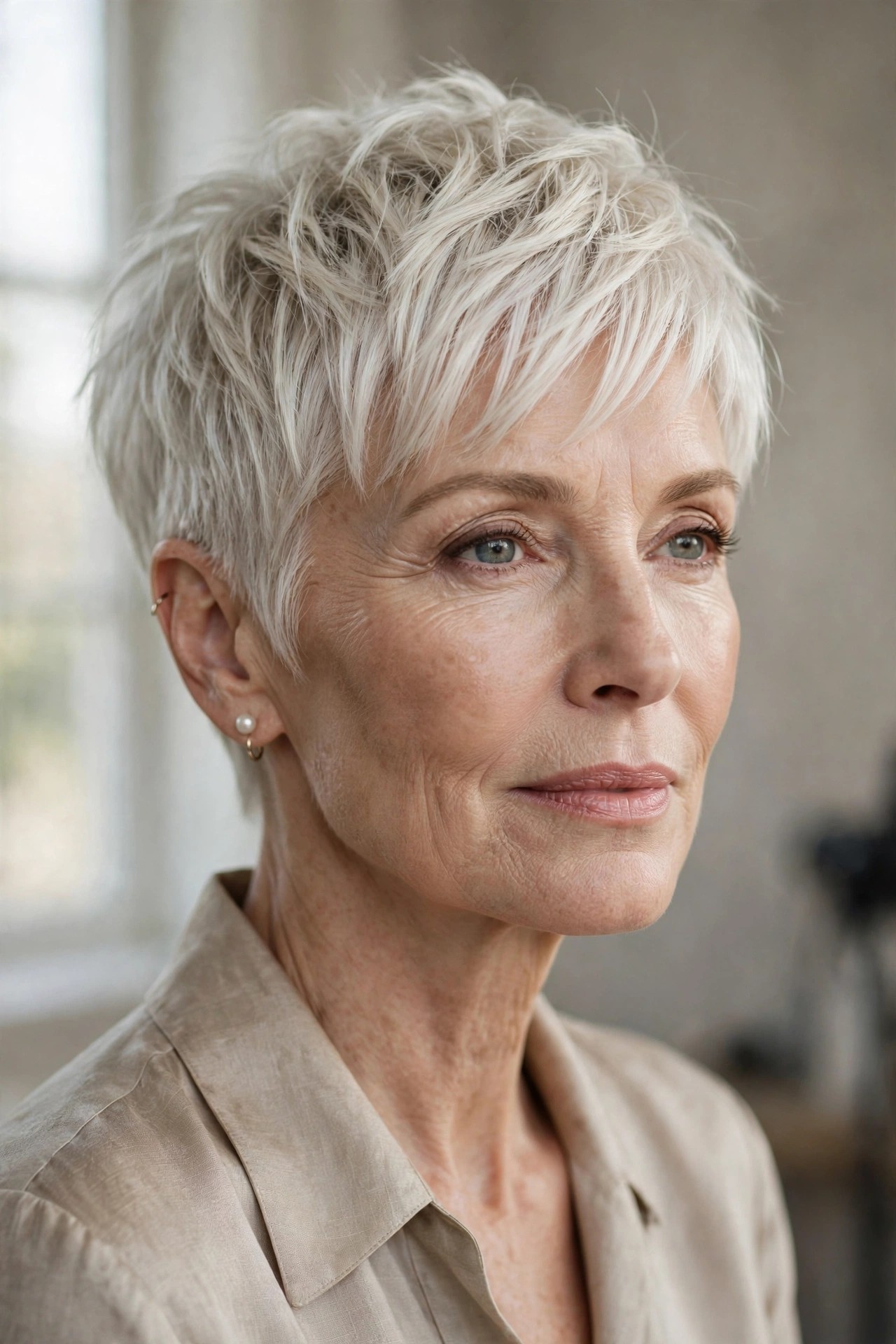 Woman in her 60s with an ice-blonde textured pixie crop