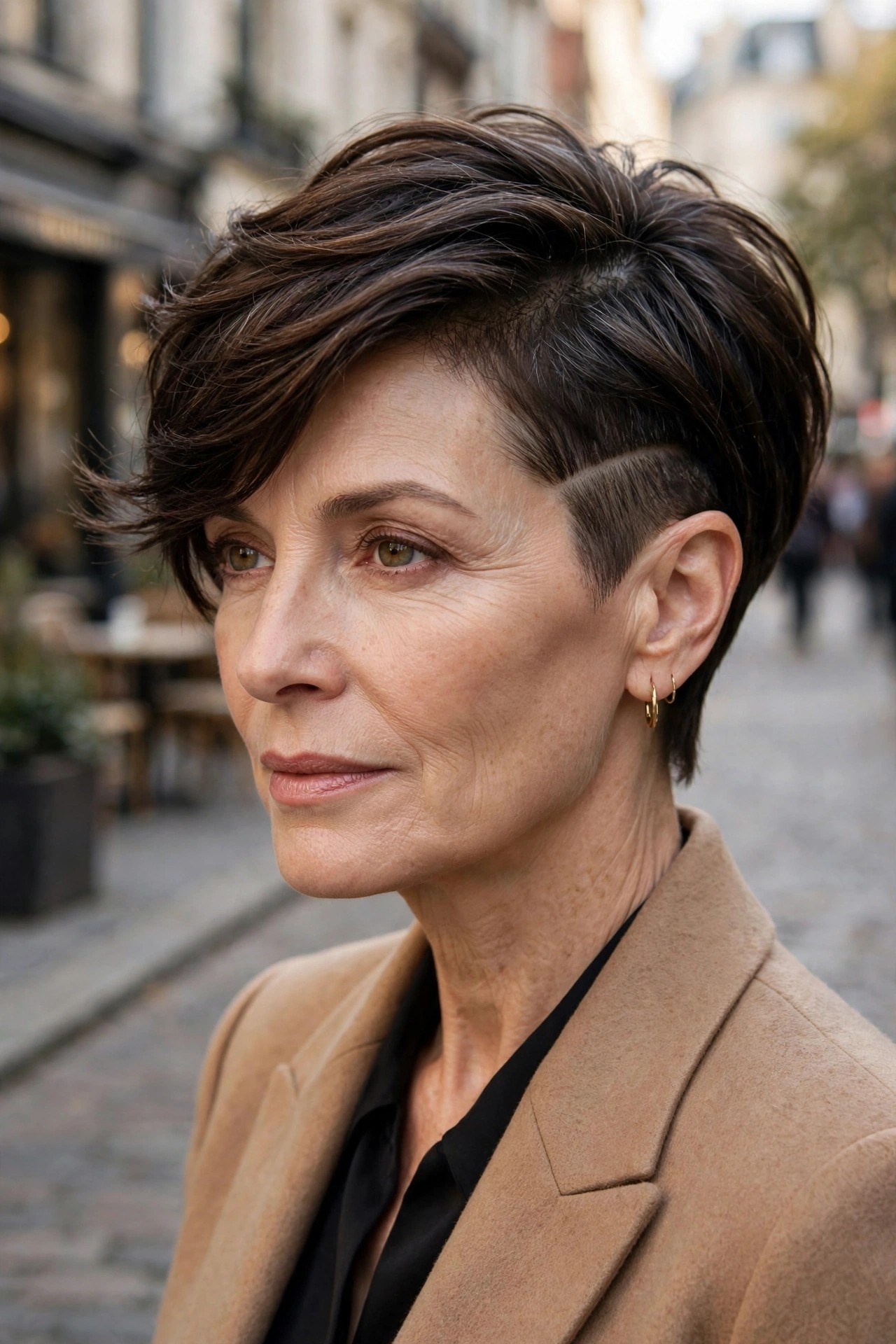 Woman in her 50s with a brunette disconnected undercut pixie