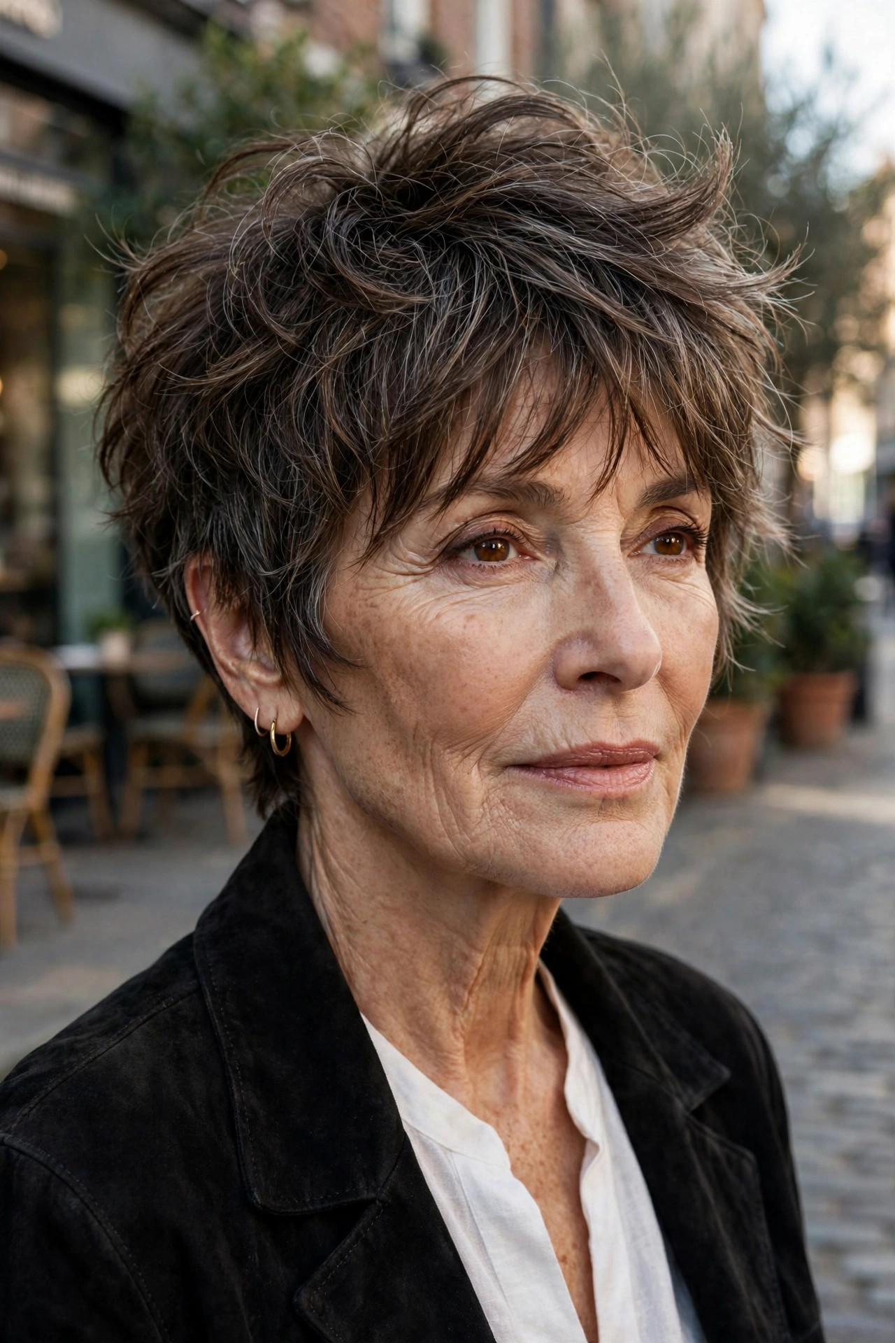 Woman in her 50s with a grown-out grunge pixie and curtain fringe