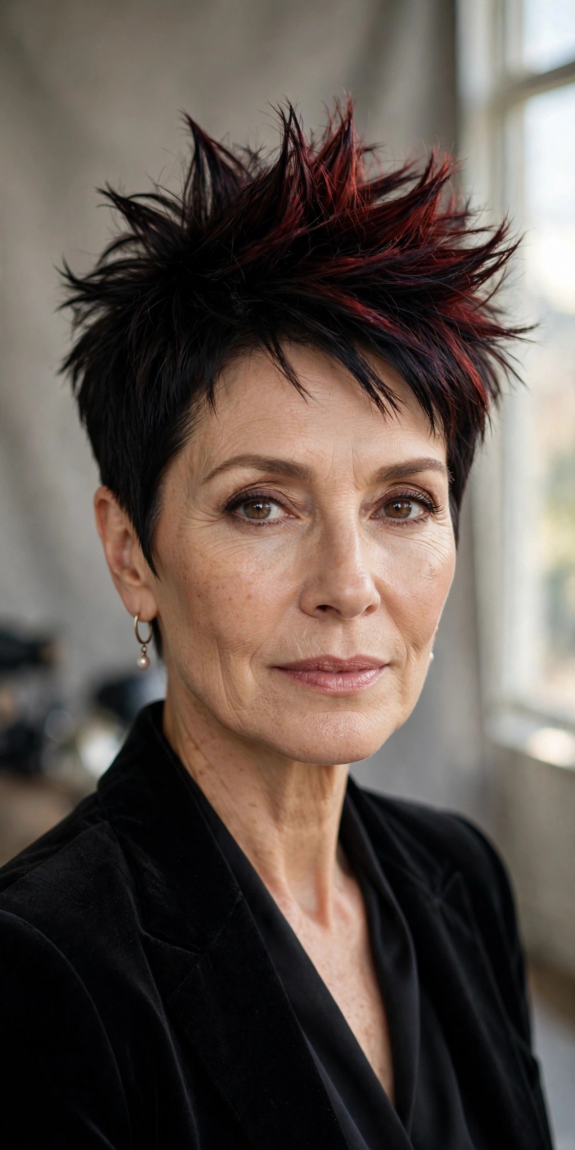 Woman in her 50s with a black-cherry spiky pixie