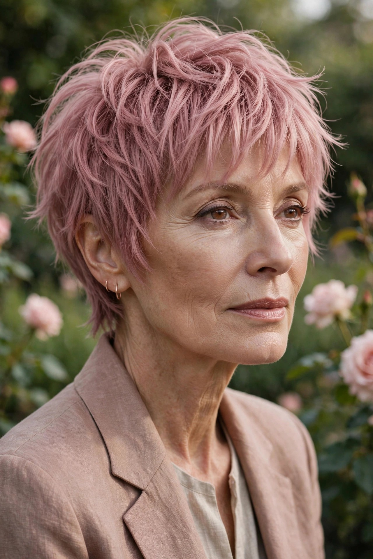 Woman in her 60s with a dusty-rose pixie shag