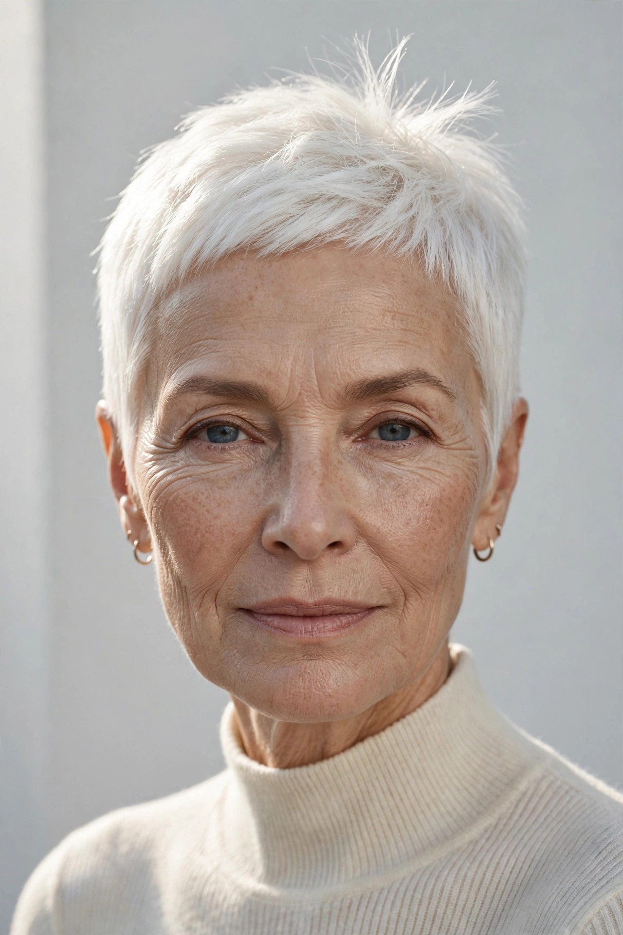 Woman in her 60s with a bright white micro pixie
