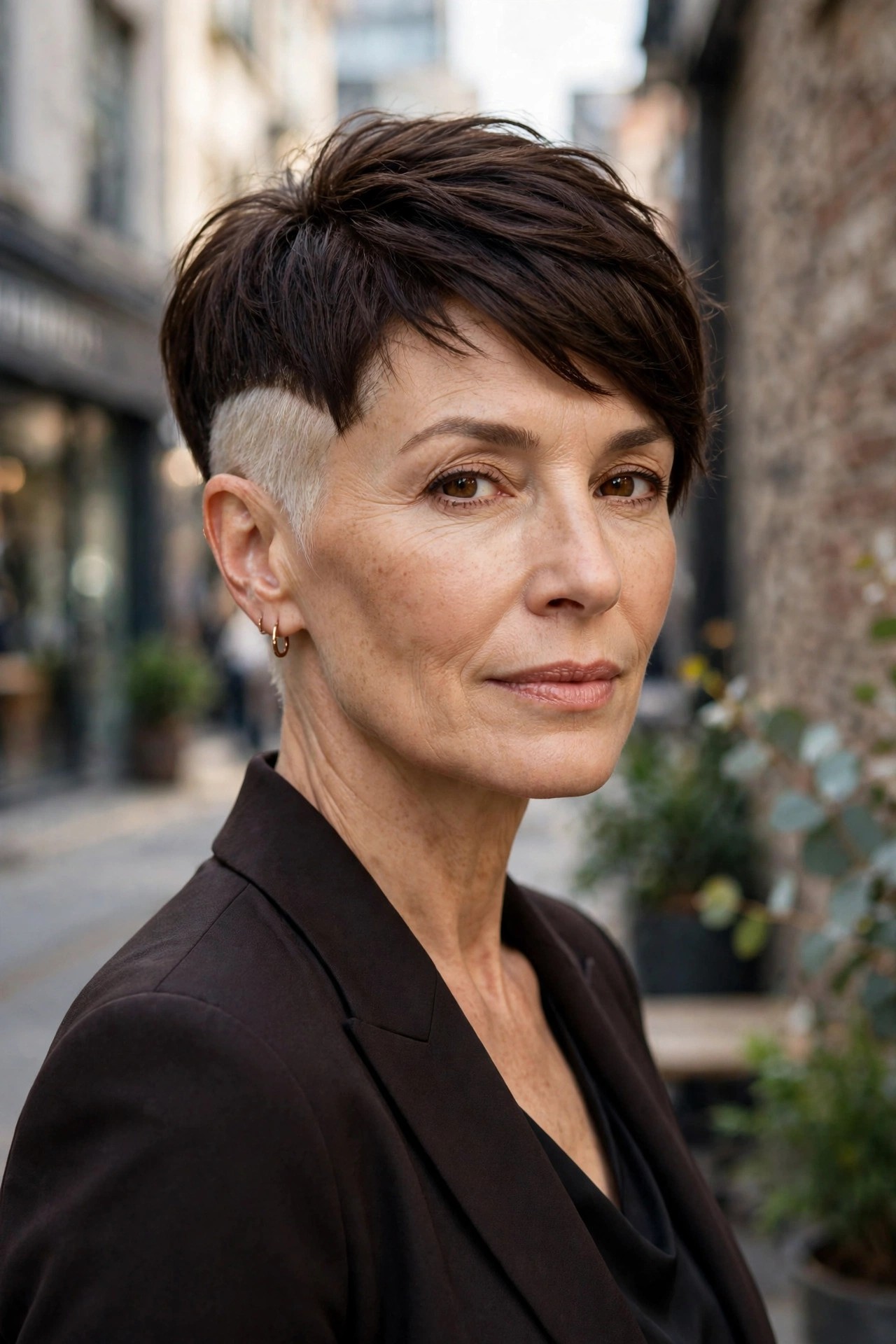 Woman in her 50s with a two-tone pixie and lightened temple fade