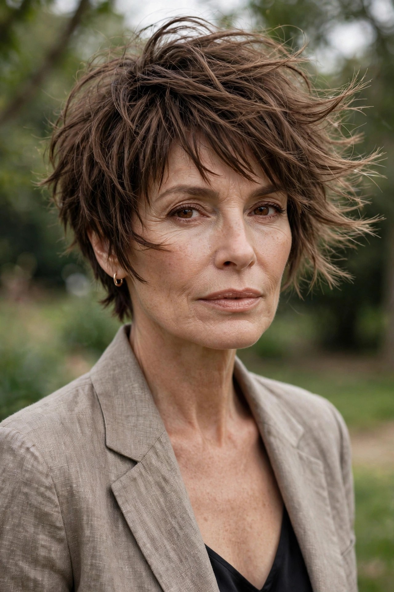 Woman in her 50s with a windblown tousled matte pixie