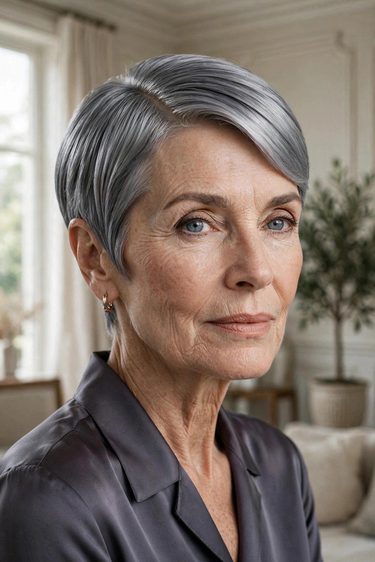 Woman in her 60s with a sleek steel-gray polished pixie