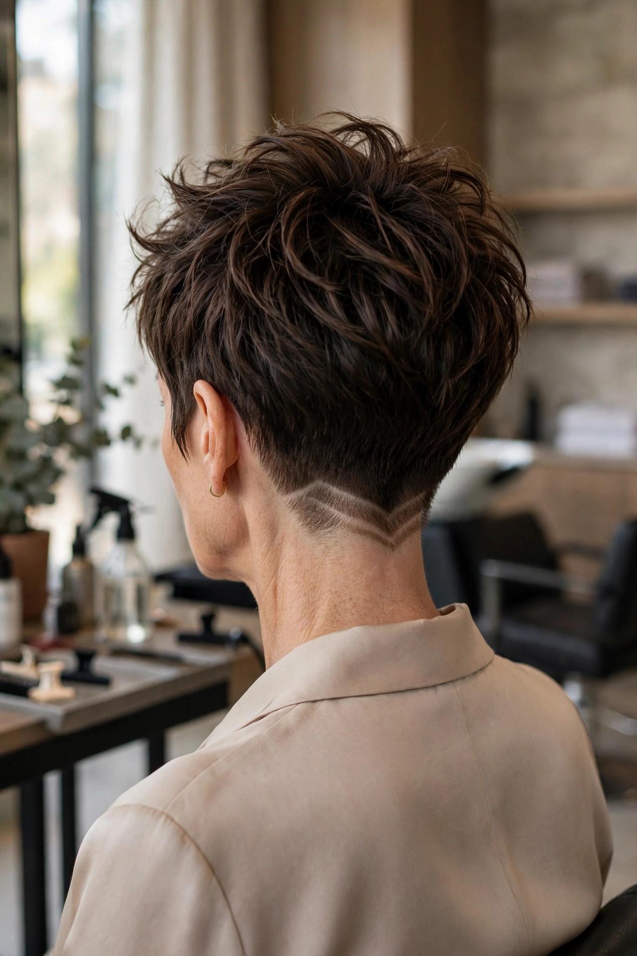 Back view of edgy pixie with shaved nape and etched line design
