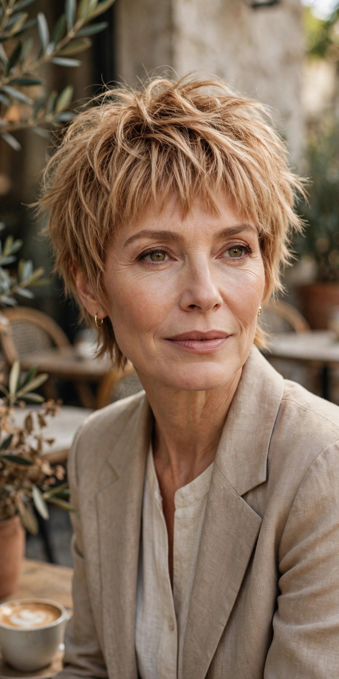 Woman in her 50s with an apricot-blonde choppy pixie