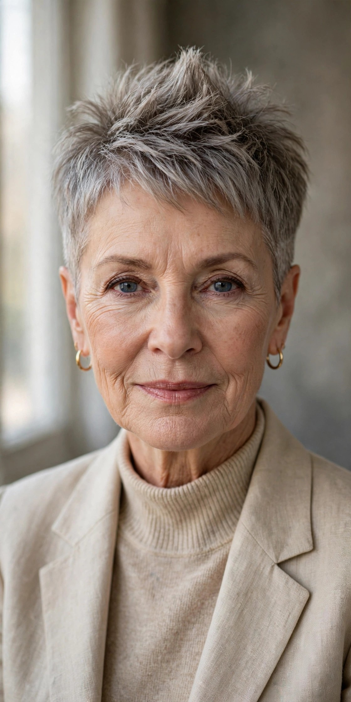 Woman in her 60s with a soft mohawk pixie and tapered sides