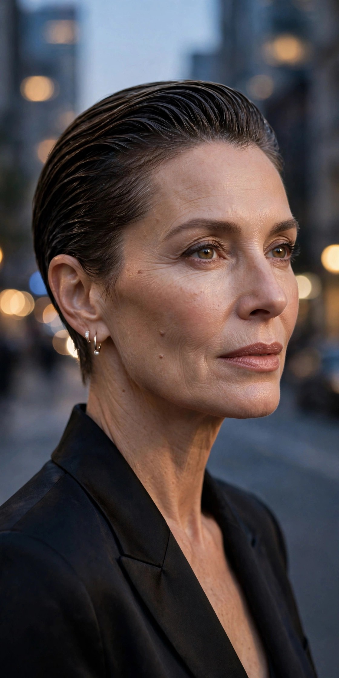 Woman in her 50s with a slicked-back wet-look pixie