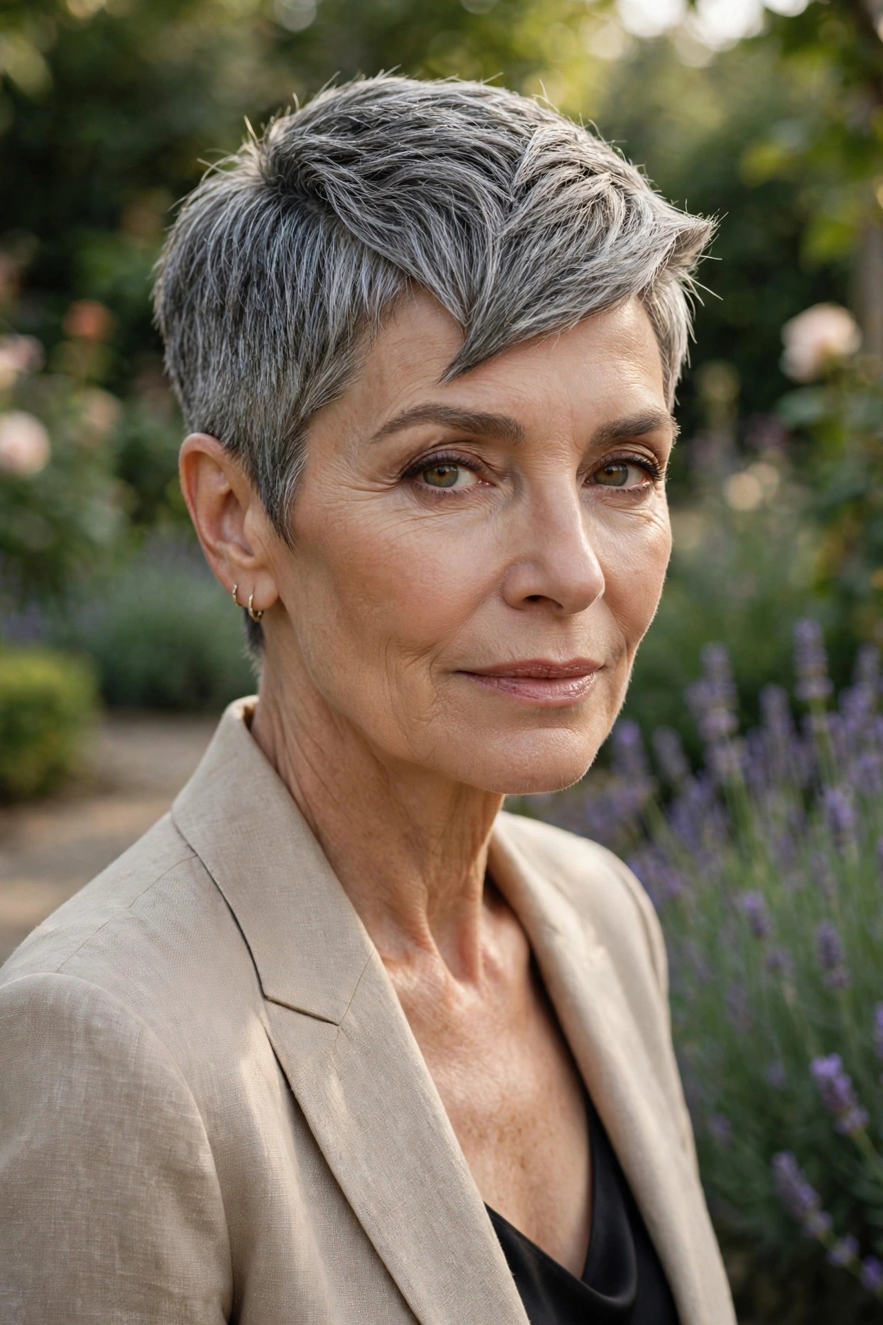 Woman in her 60s with a salt-and-pepper architectural pixie
