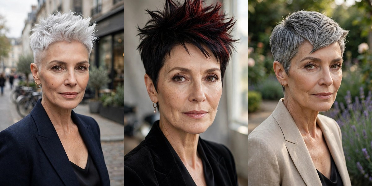 Edgy pixie haircut ideas collage: silver fauxhawk, black cherry spiky pixie, salt-and-pepper pixie