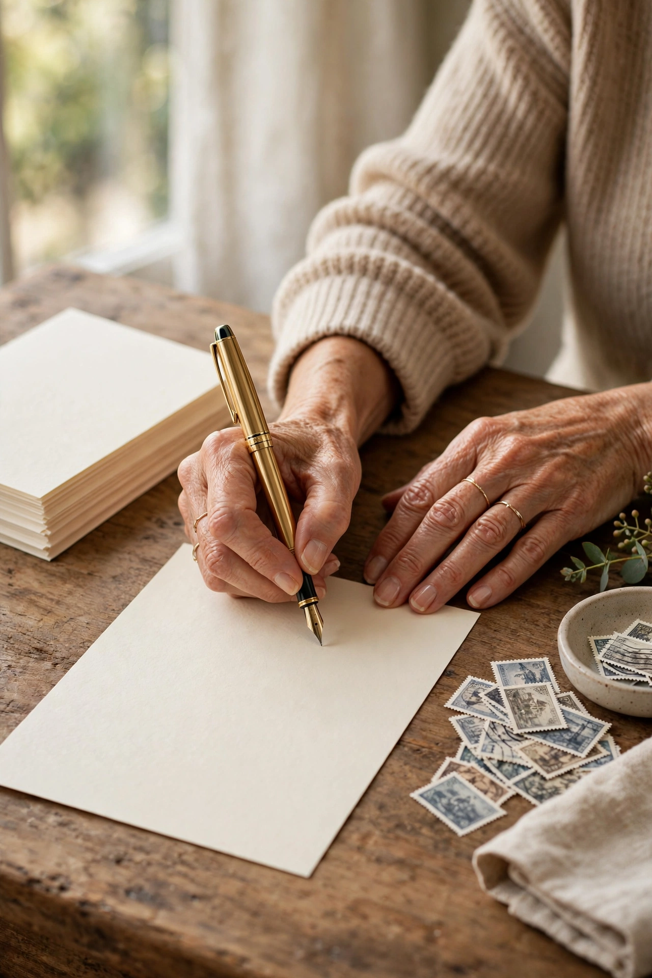 Hands of an elegant woman in her 60s writing a thank-you note with a fountain pen