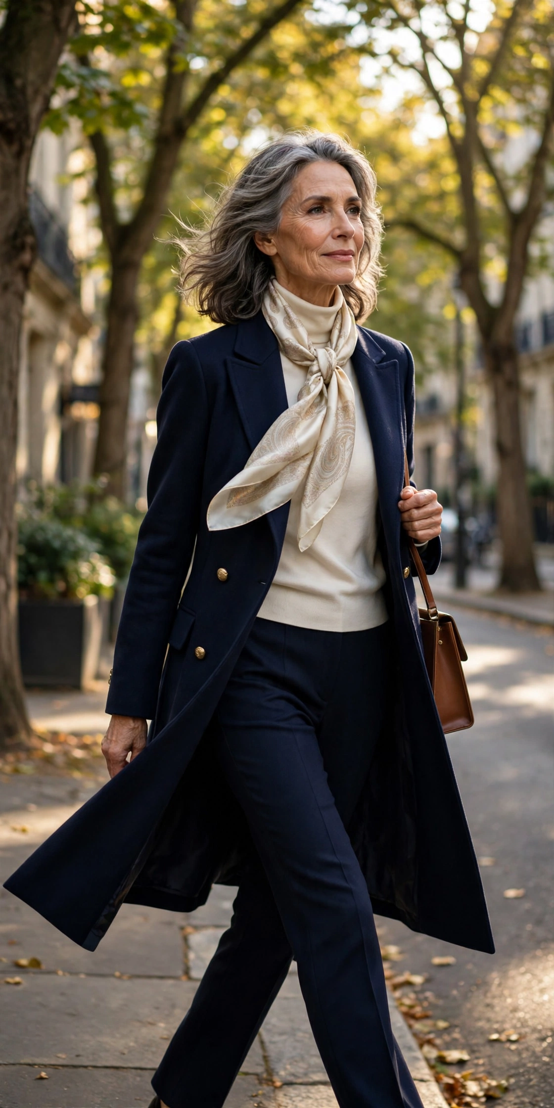 Elegant woman in her 60s walking gracefully down a sunlit tree-lined street