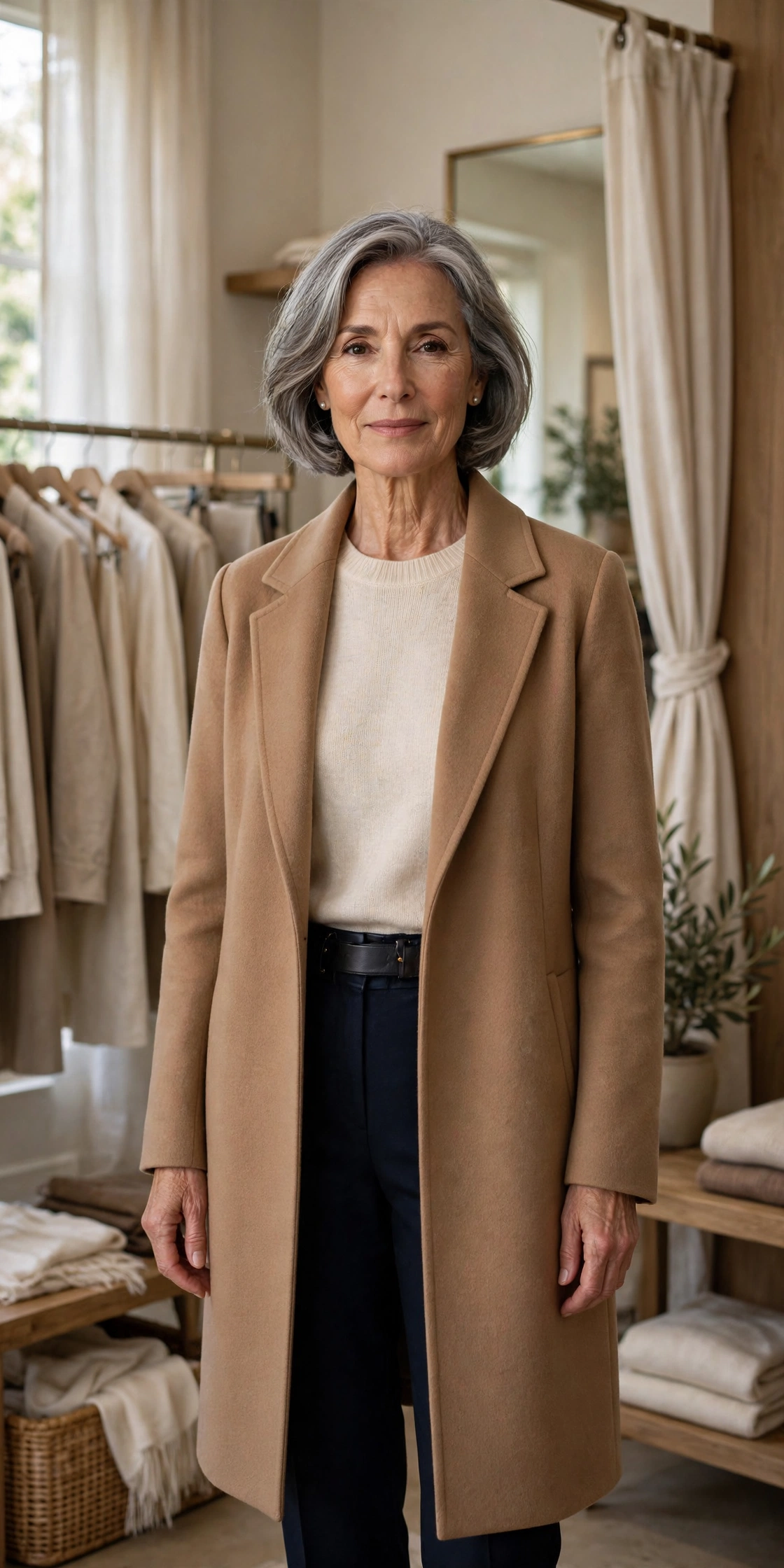 Elegant woman in her 60s wearing a timeless camel coat and cream knit outfit