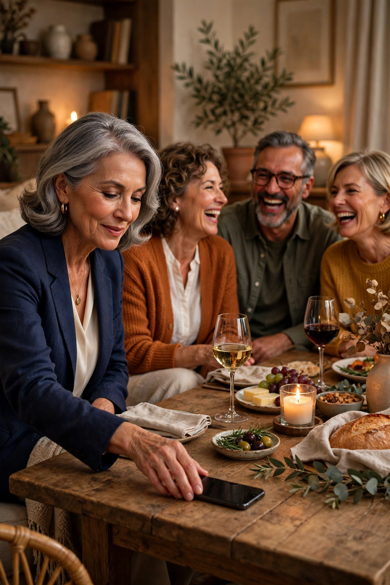 Elegant woman in her 60s laughing with friends at dinner, phone face-down
