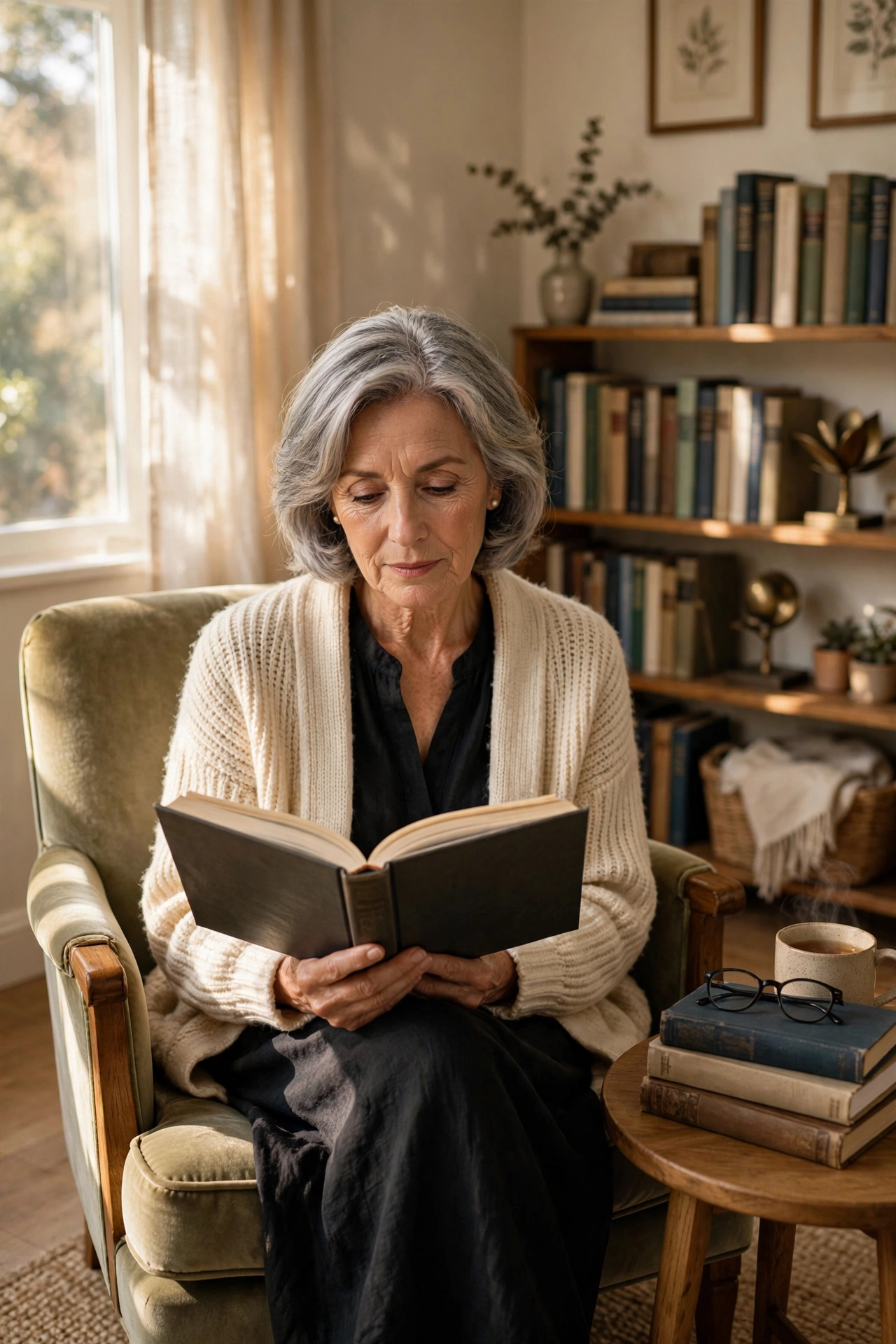 Elegant woman in her 60s reading a hardcover book in a sunlit armchair