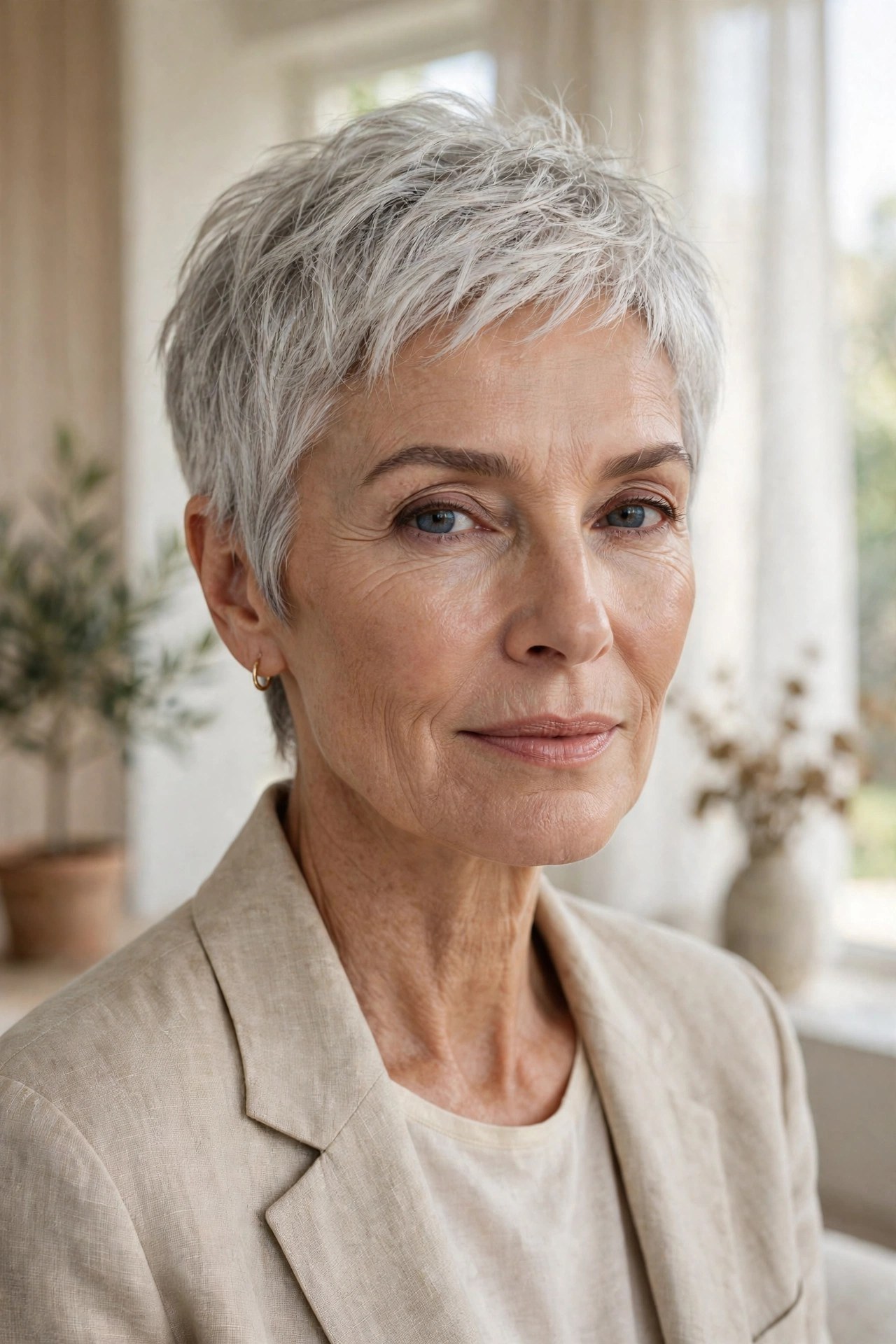 Silver wash-and-go pixie cut with simple natural texture, woman in her 60s