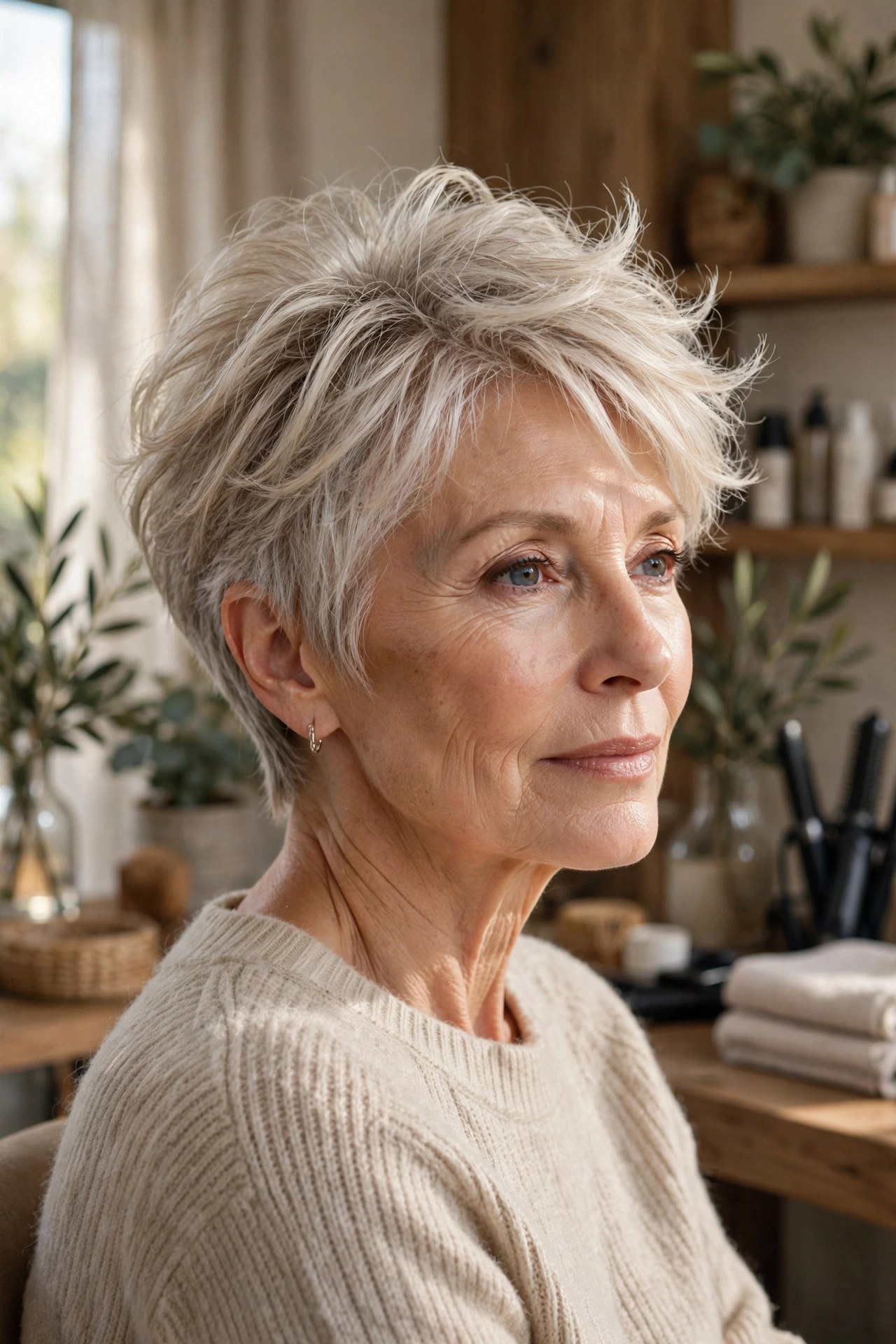 Soft feathered crop with light layers and crown lift, woman in her 60s